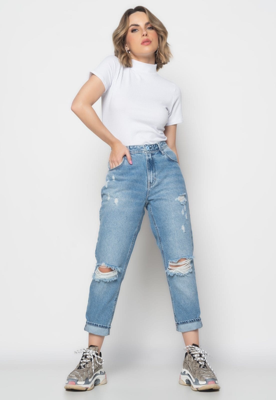 Vista 2 Blusa Salvatore Gola Alta Malha Canelada Branca Salvatore Fashion branco