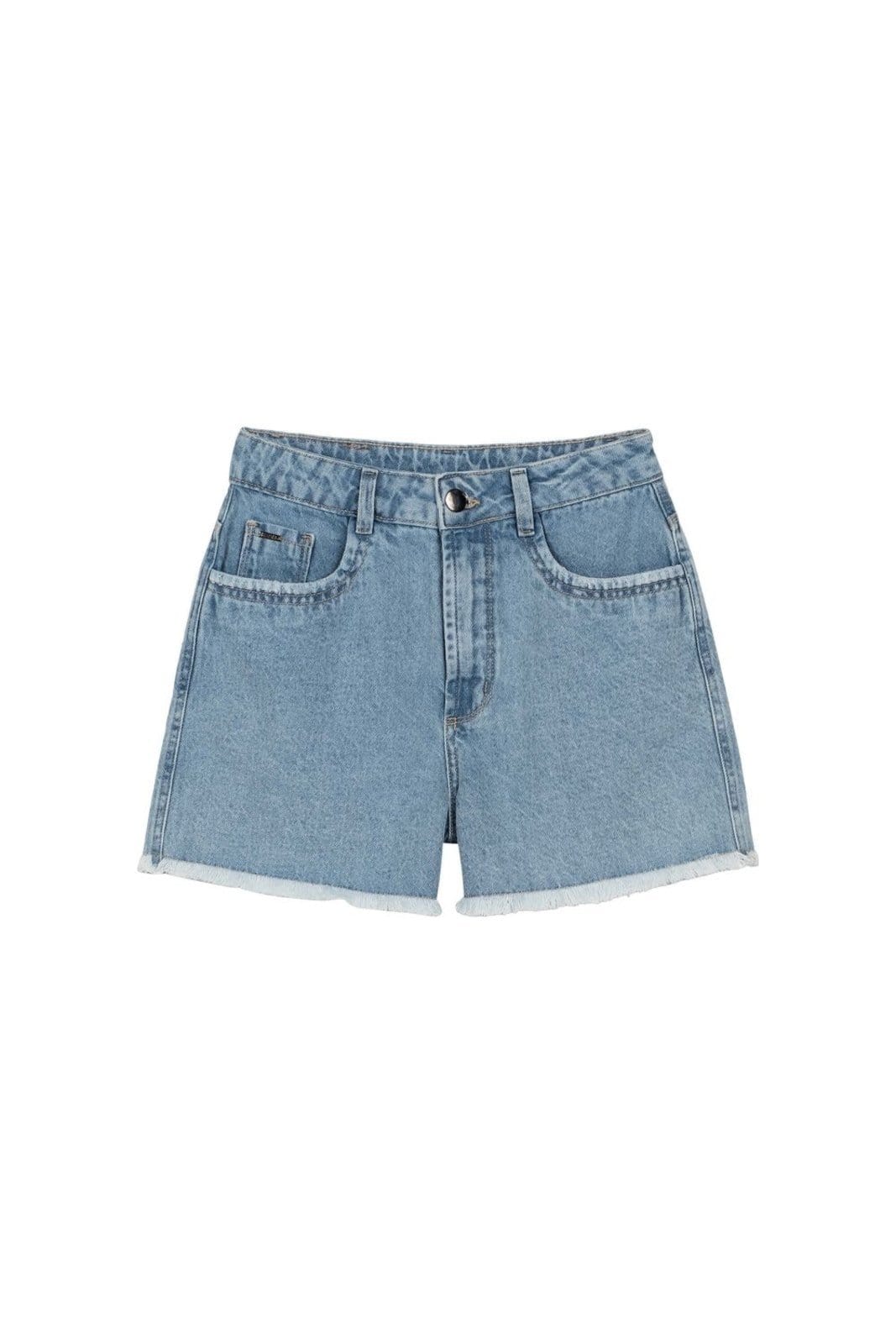 Vista 2 Short Feminino Jeans Barra Desfiada Marialícia Marialícia azul
