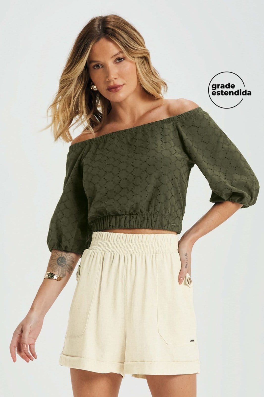 Vista principal Short Feminino Linho Com Bolsos Marialícia Marialícia bege