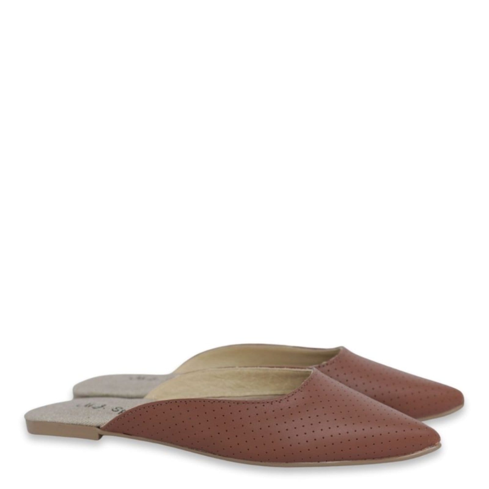 Vista 2 Mule Bico Fino em Couro Salto Baixo Aerado Spinelli caramelo