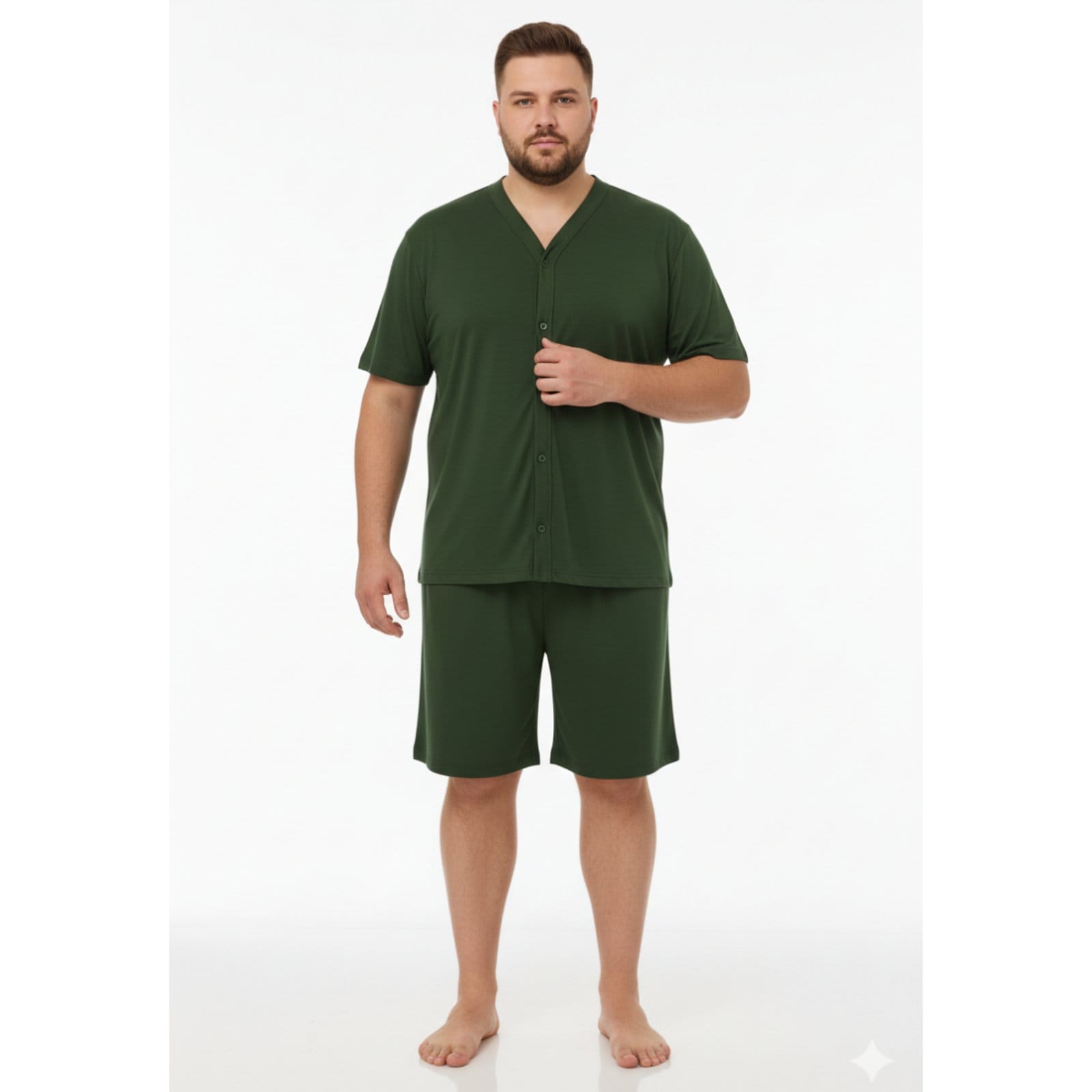 Pijama Americano Curto Masculino Aberto Plus Size Adulto Verão Calor Malha Fria Manga Curta G1 G2 G3 G4 50 52 54 Conforto Botão Abotoado Homen Mechler Verde