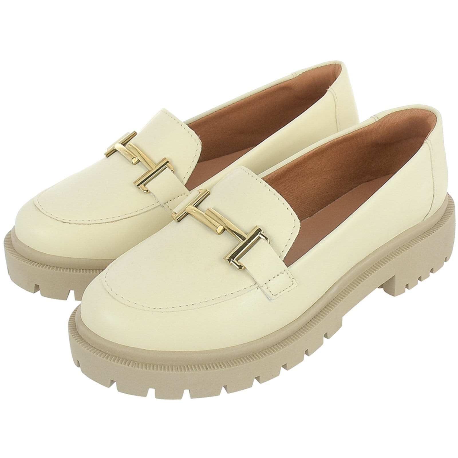 Sapato Feminino Mocassim Tratorado Donatella Shoes Bico Redondo Confort Off White
