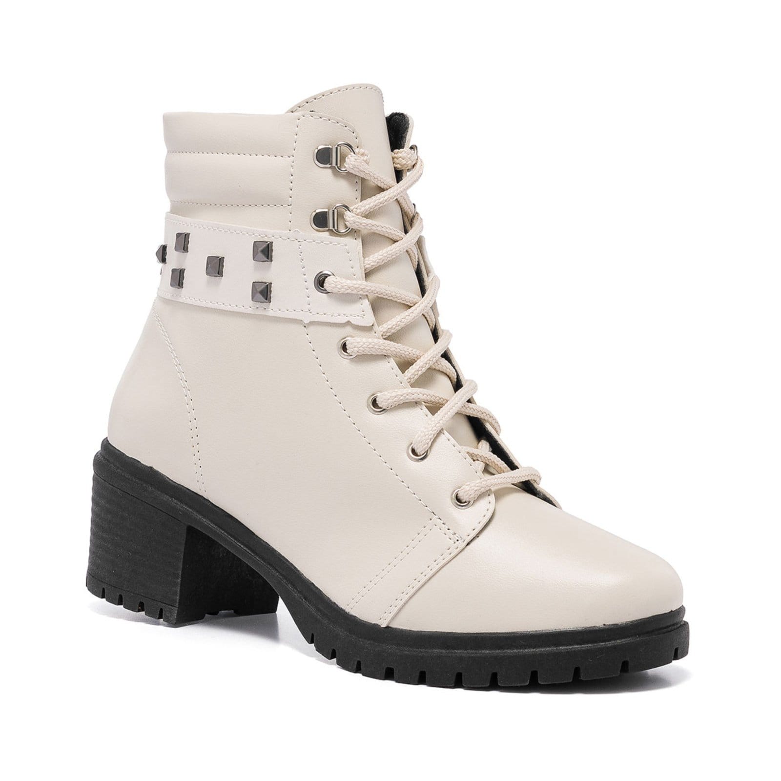 Vista 2 Bota Coturno Feminina Cano Baixo Tratorada Off White Confort Pirâmide Stessy Shoes off-white white