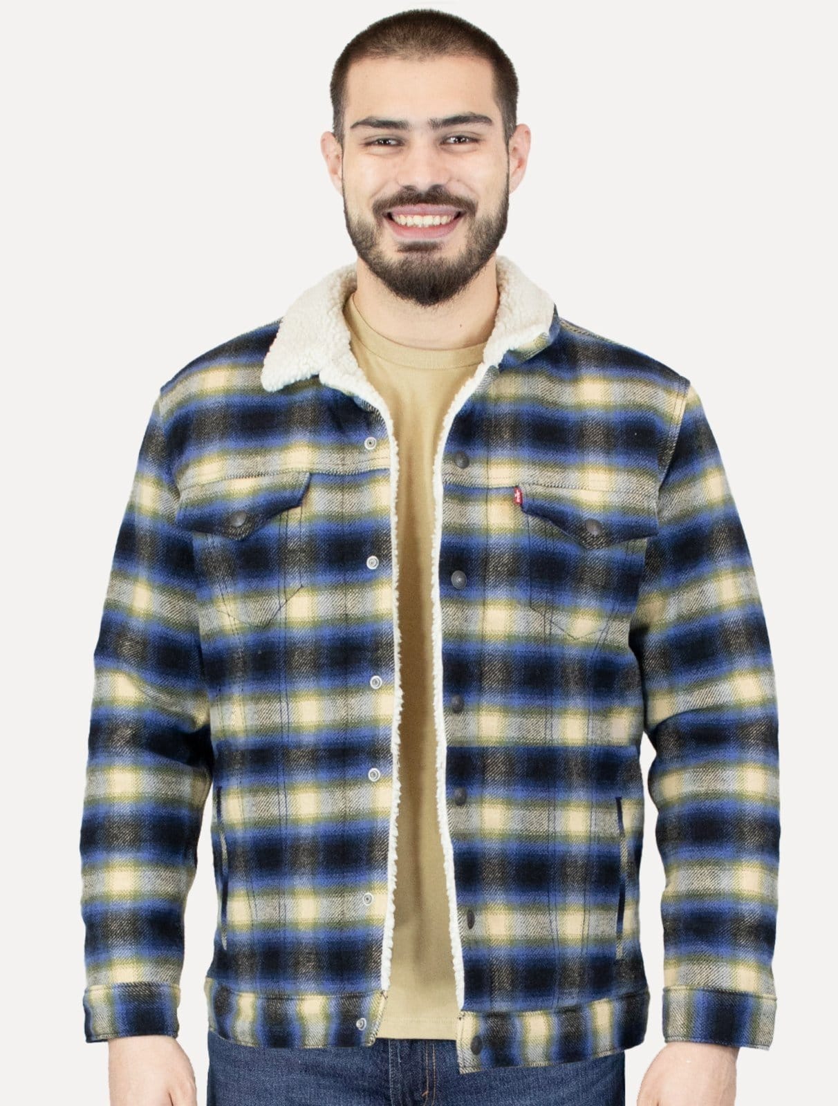 Jaqueta Levis Masculina Trucker Xadrez Print Sherpa Cáqui