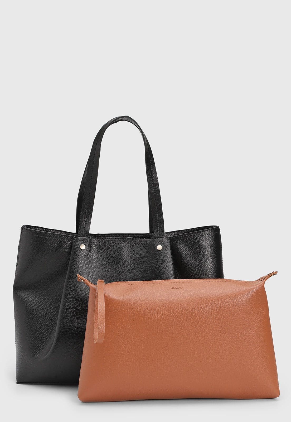 Kit Bolsa e Necessaire Feminino Anacapri Texturizada Preta e Caramelo