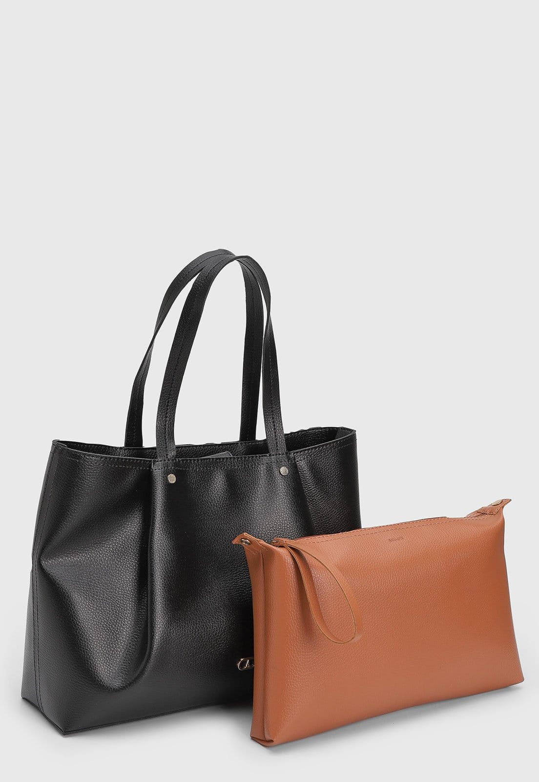 Vista 2 Kit Bolsa e Necessaire Feminino Anacapri Texturizada Preta e Caramelo Anacapri preto