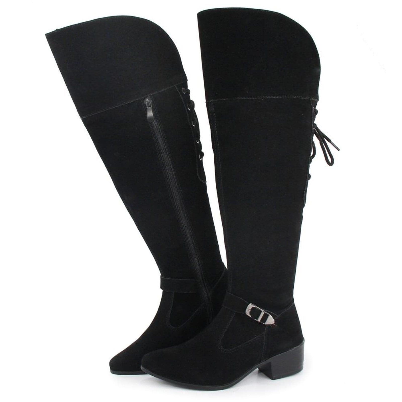 Bota Feminina Cano Alto Over Montaria Bico Fino Camurça Preta