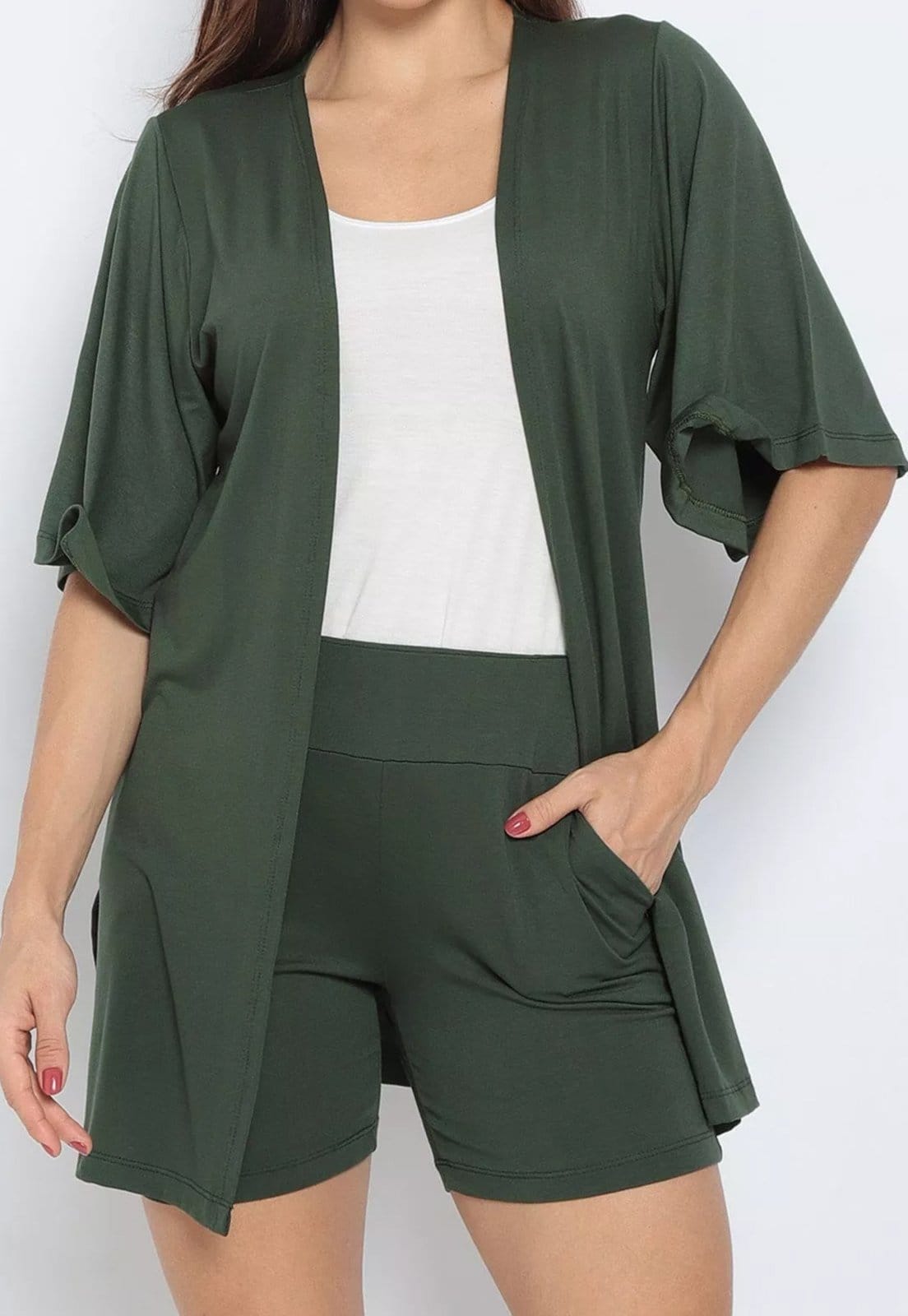 Conjunto Maria Paes Short, Kimono e Regata Verde e Off White