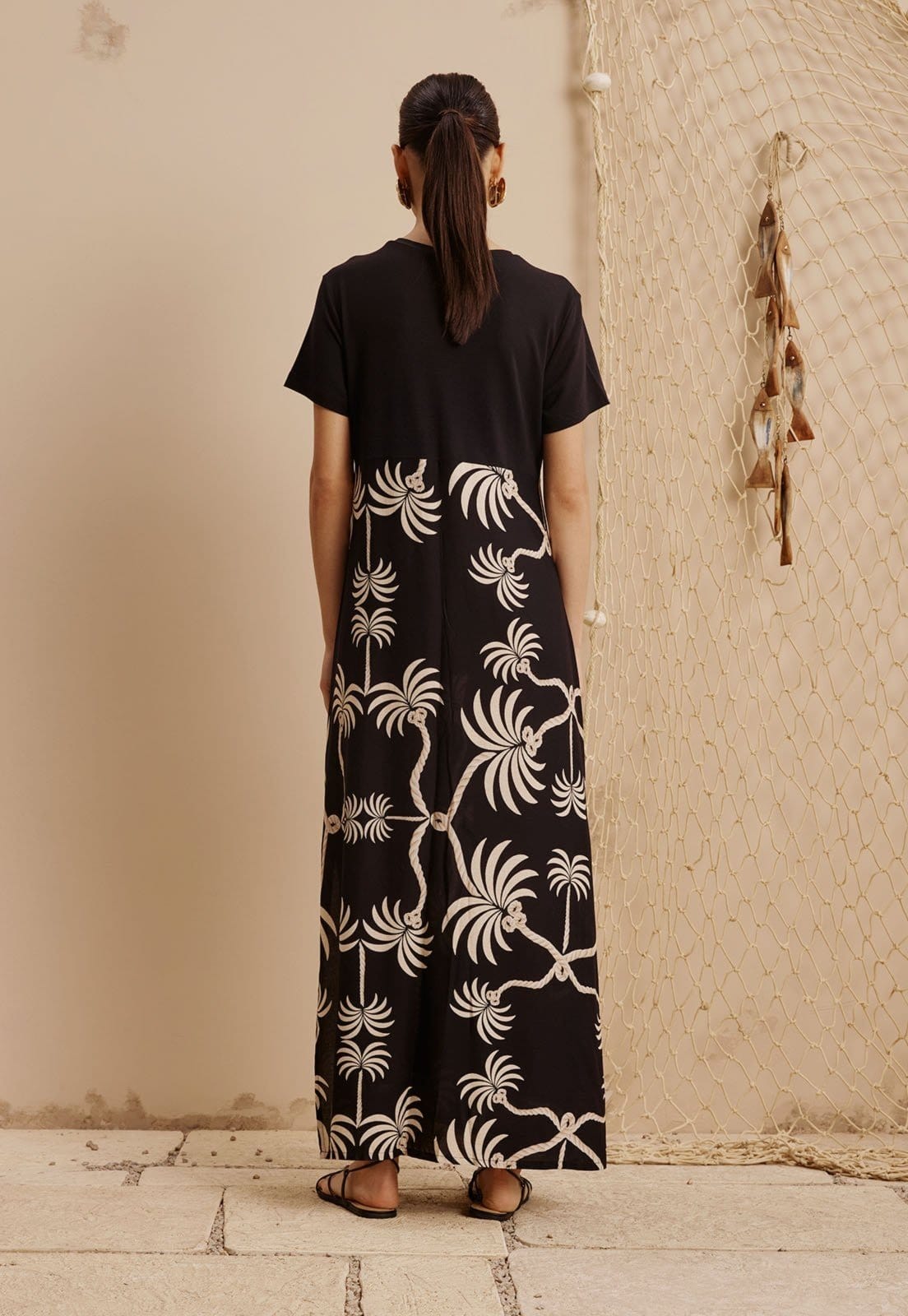 Vista 2 Vestido Maxi Midi com Malha Estampado Carnaúba CaCay bege