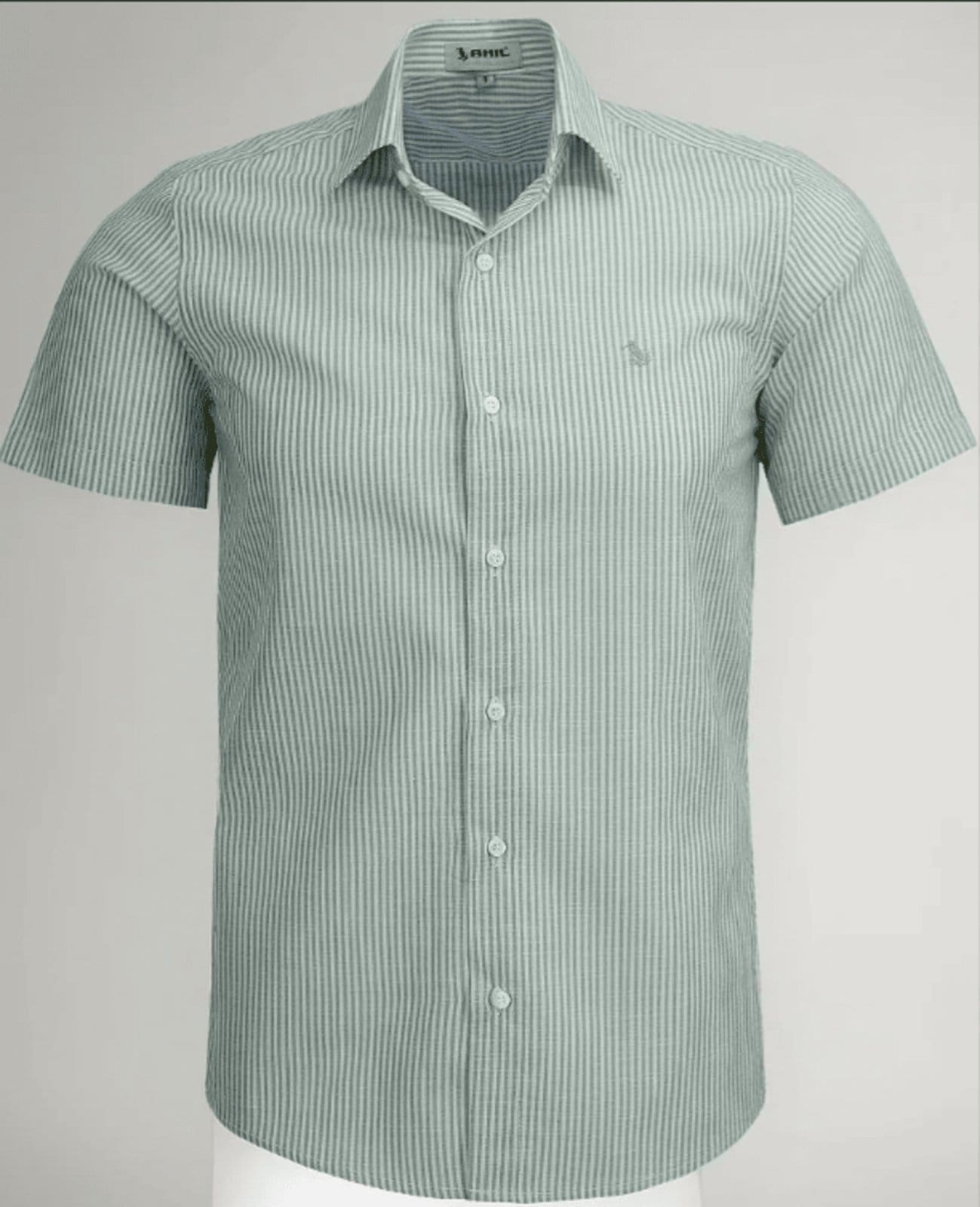 Camisa Social Amil Comfort Listrada Wind Algodão Manga Curta Luxo Oliva