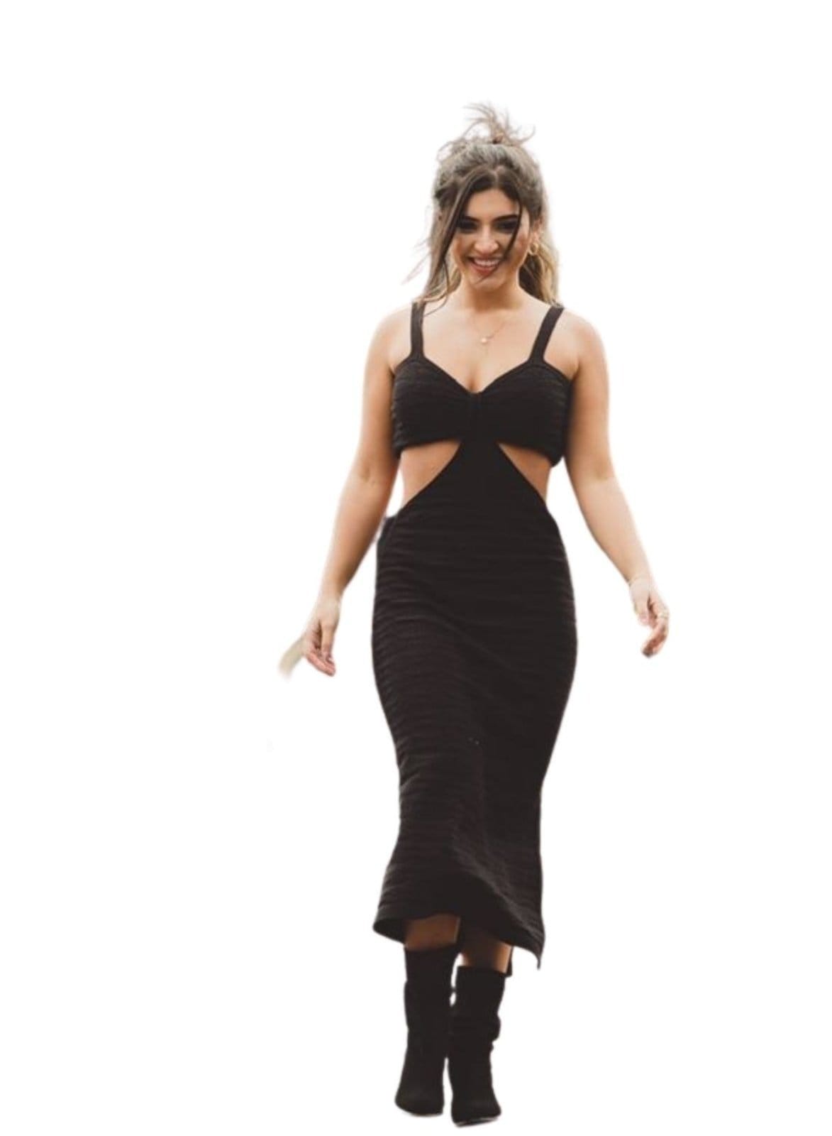Vista 2 Vestido Tricot Alemanha abertura Fenda Midi Cia do Vestido preto
