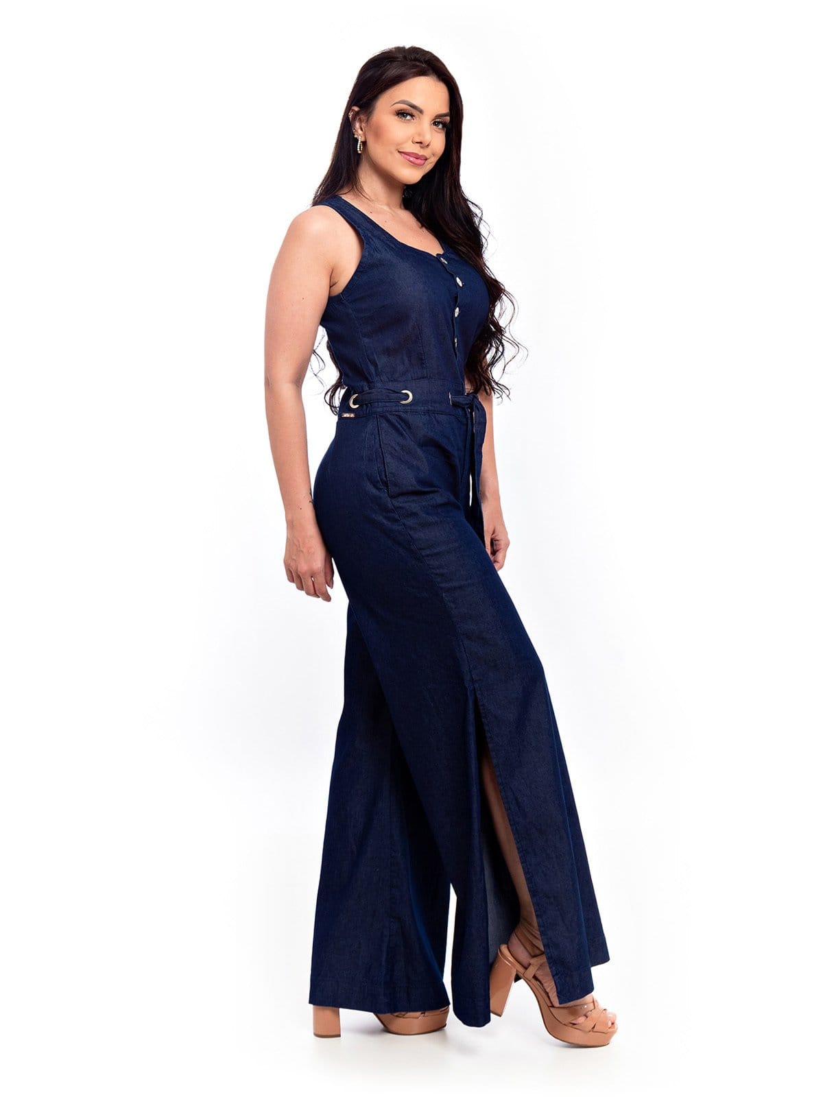 Macacão Pantalona Restrito Jeans Sem Mangas Escuro