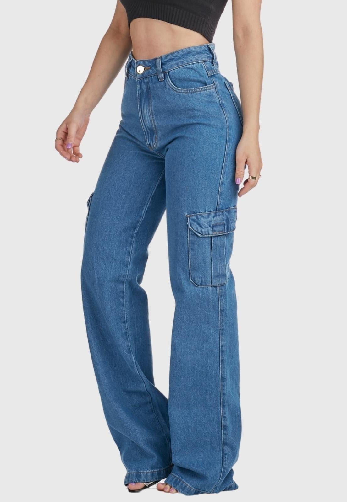 Calça Jeans HNO Jeans Wide Leg Cargo Bolso Lateral Azul