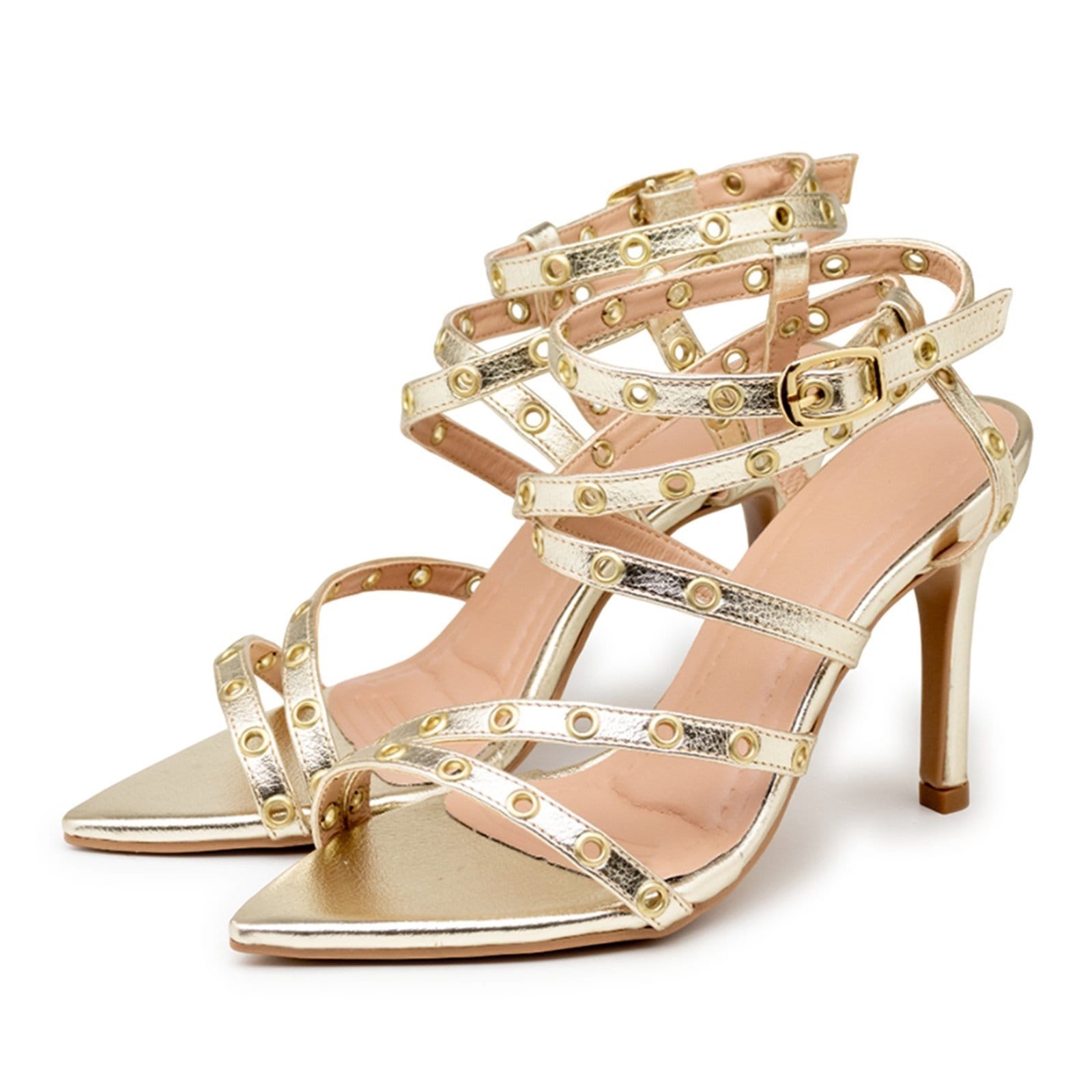 Sandália Social Feminina Bico Fino Salto Alto Fino Ilhós 6019 Ouro Light