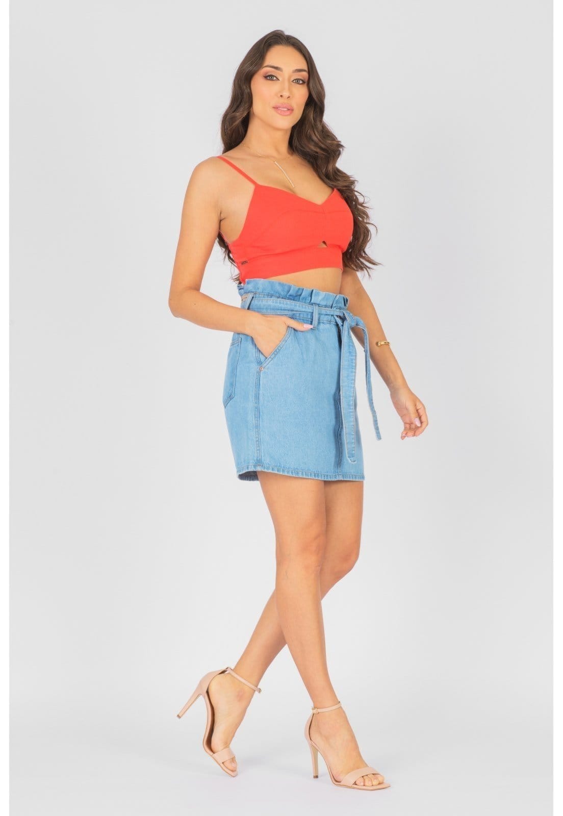 Vista 2 Saia Clochard Cintura Alta com Cinto NEW DENIM jeans