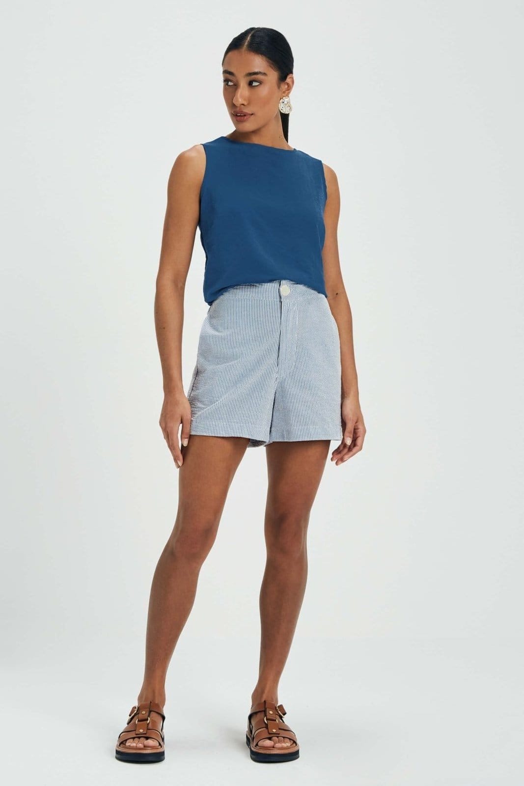 Vista 2 Short Feminino Tricoline Fio Tinto Marialícia Marialícia azul