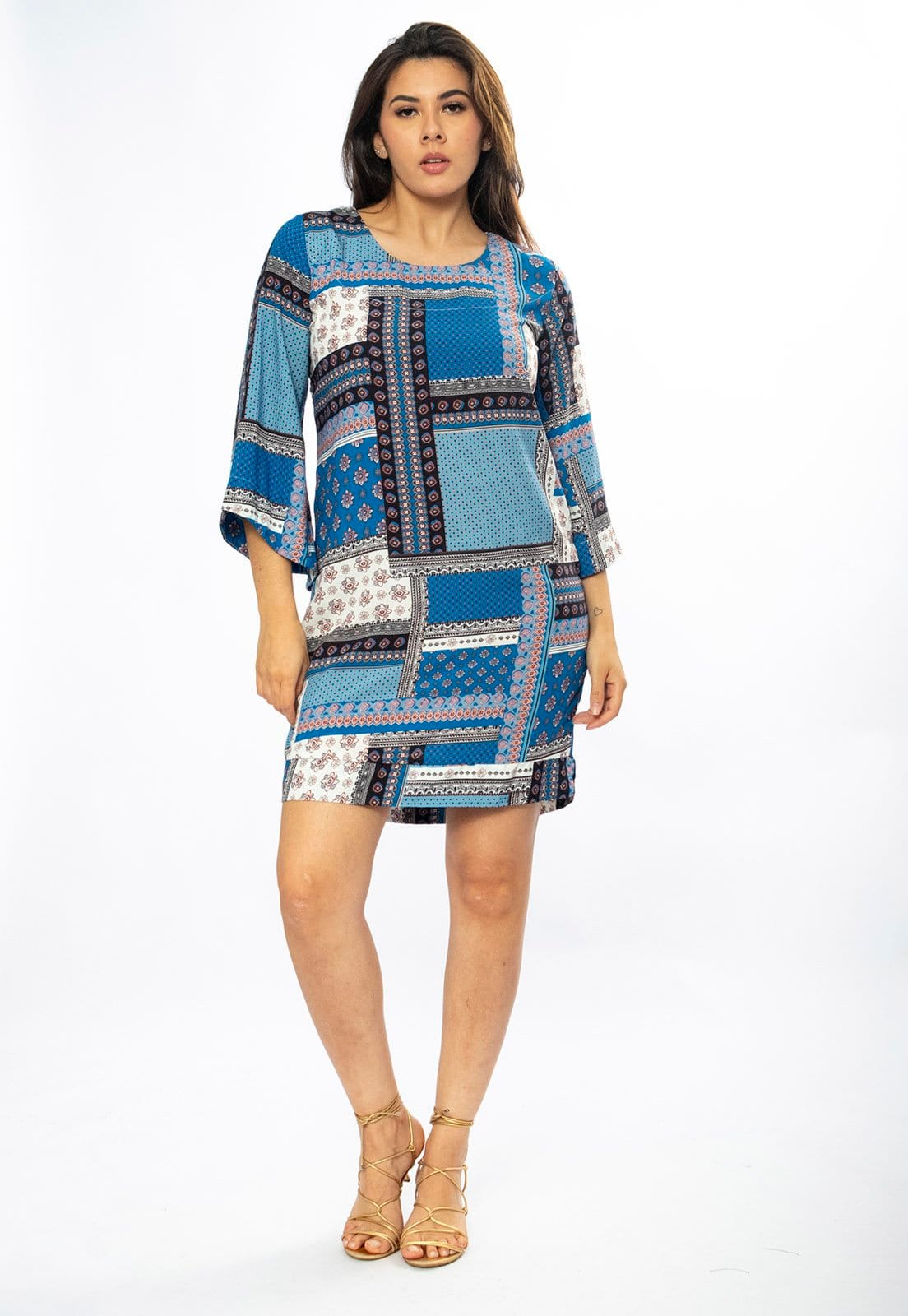 Vista 2 Vestido Curto Cabanafree Balli Manga Ampla Estampa Blue Baby Cabanafree estampado/off-white/preto blue