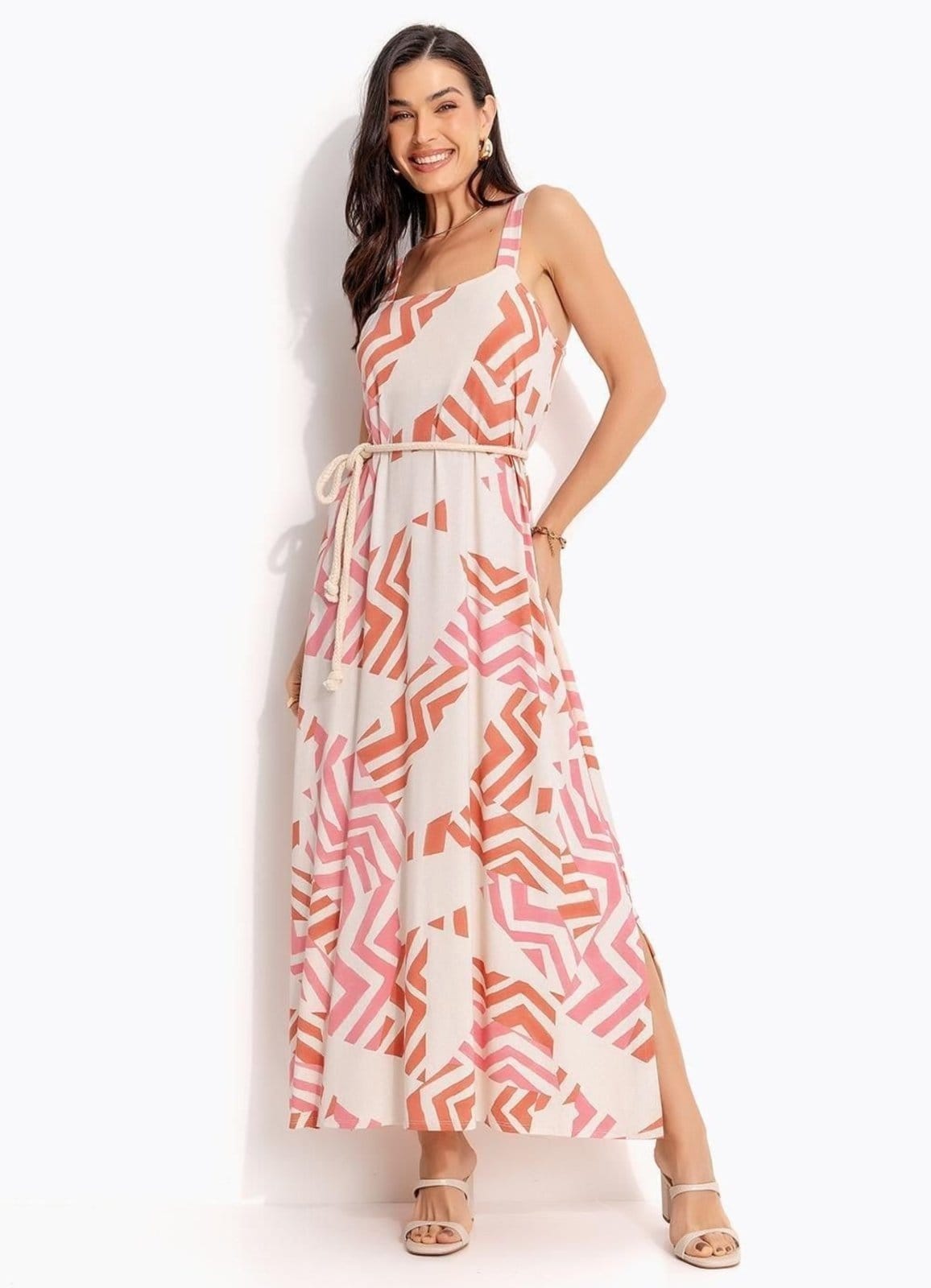 Vestido Em Malha De Viscose Quintess Geométrico Bicolor