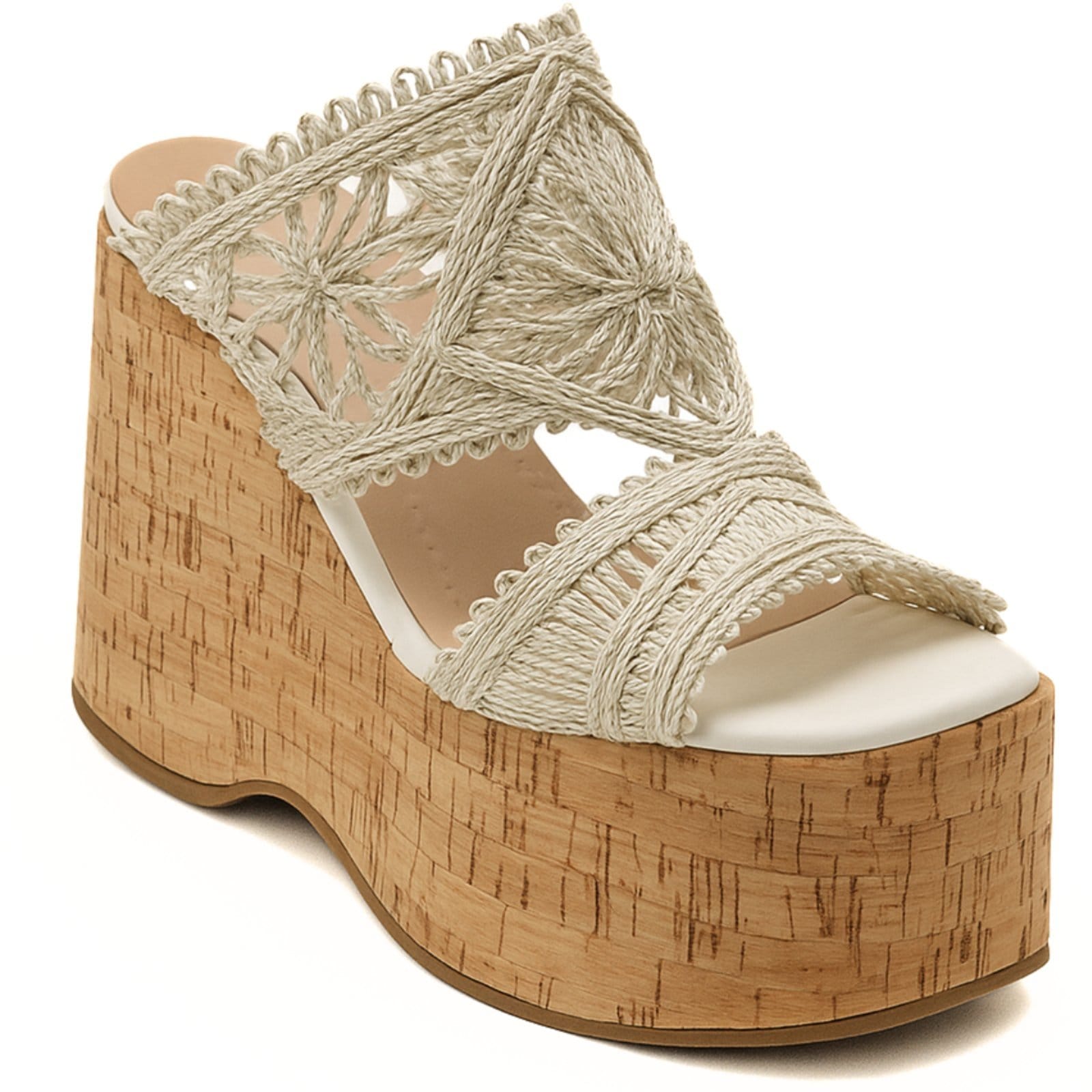 Sandália Feminina Anabela Alta Tamanco Cortiça Com Renda Off White 182177