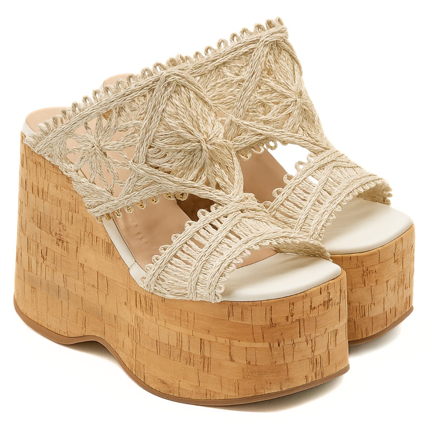 Vista 2 Sandália Feminina Anabela Alta Tamanco Cortiça Com Renda Off White 182177 Hannah Footwear nude white