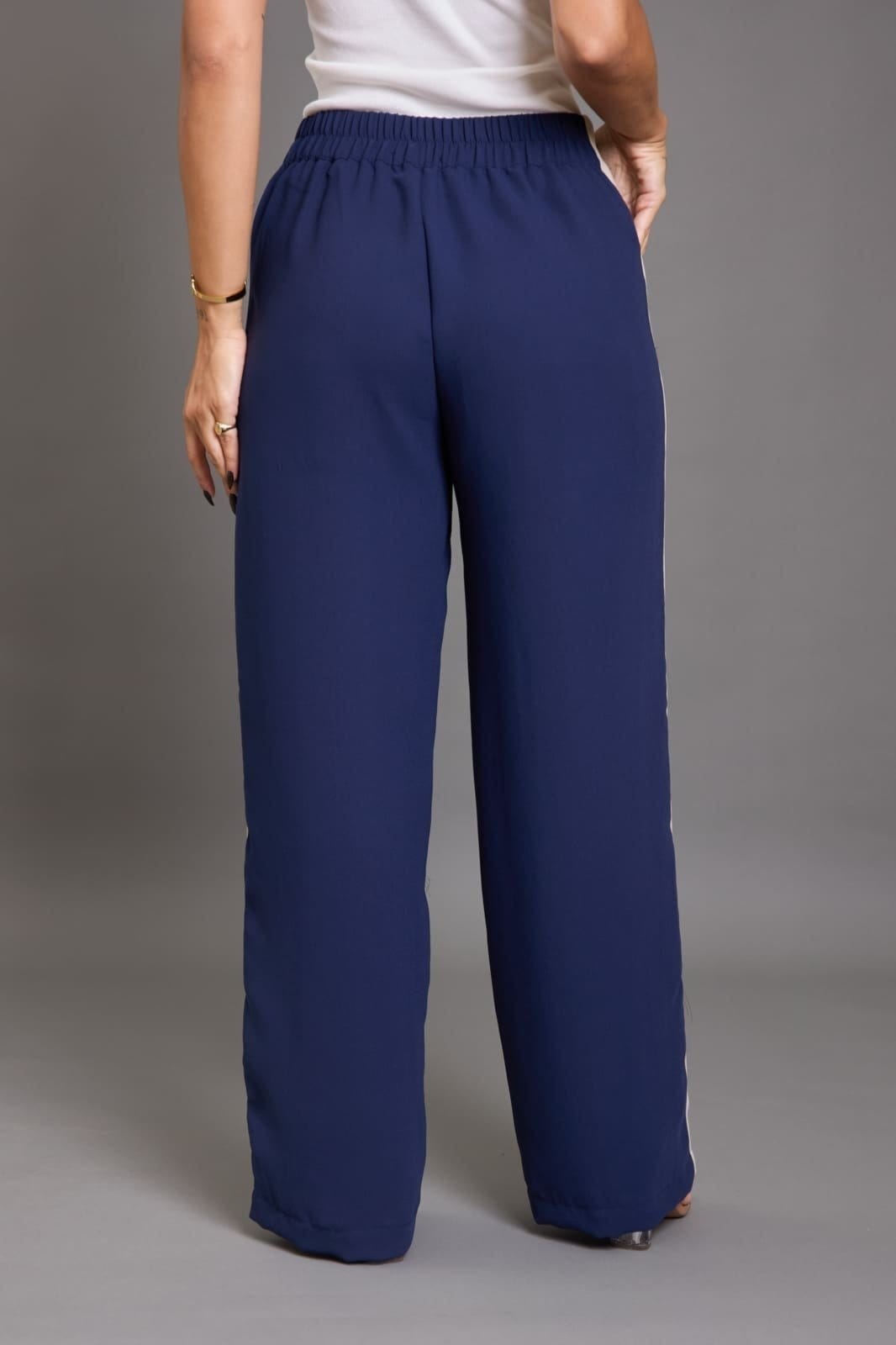 Vista 2 Calça Pantalona com Faixa Lateral Cintura Alta Marinho Lemier Collection LEMIER azul/azul marinho