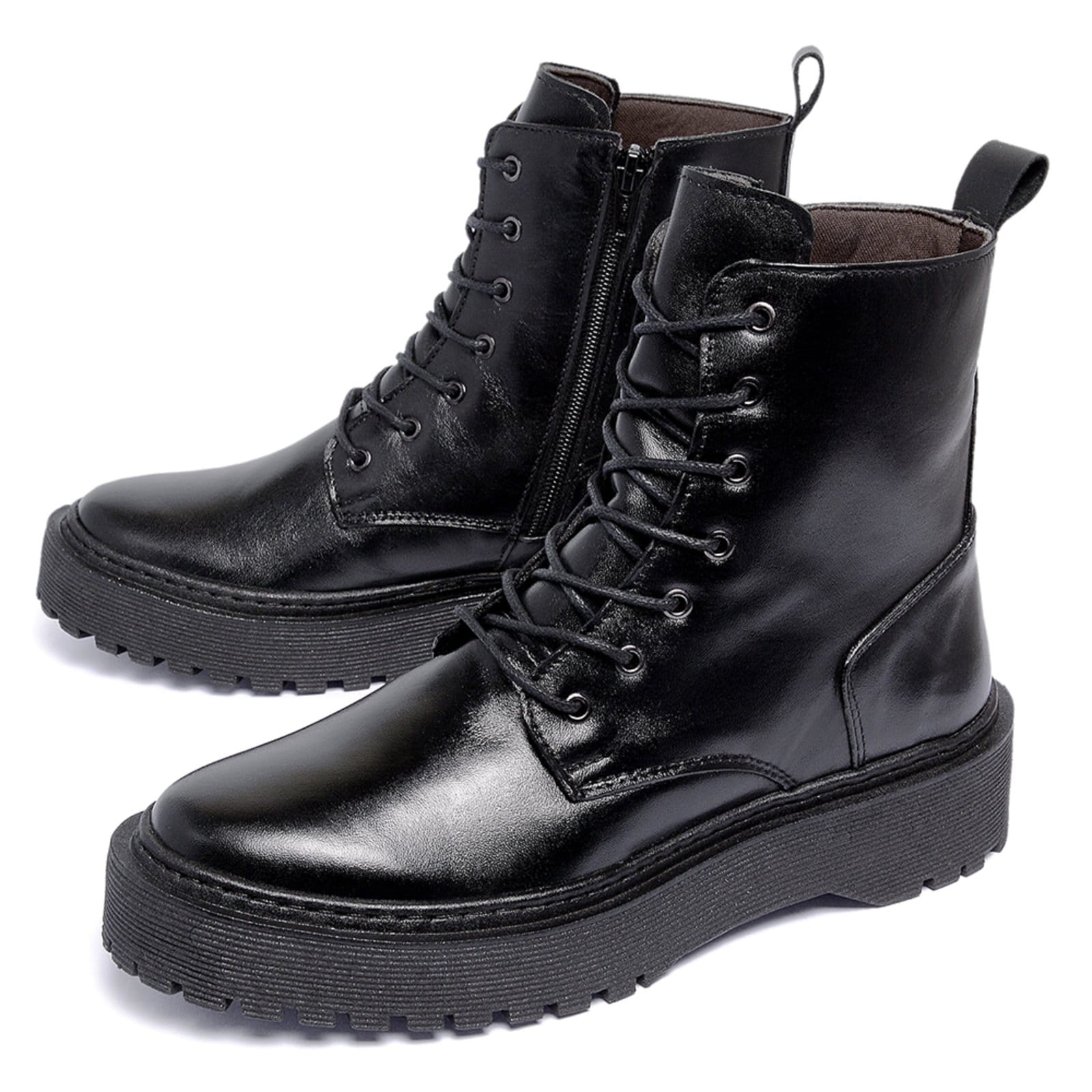 Vista 2 Bota Coturno Feminino Ferrile em Couro Cadarço e Zíper Preta Ferrile preto