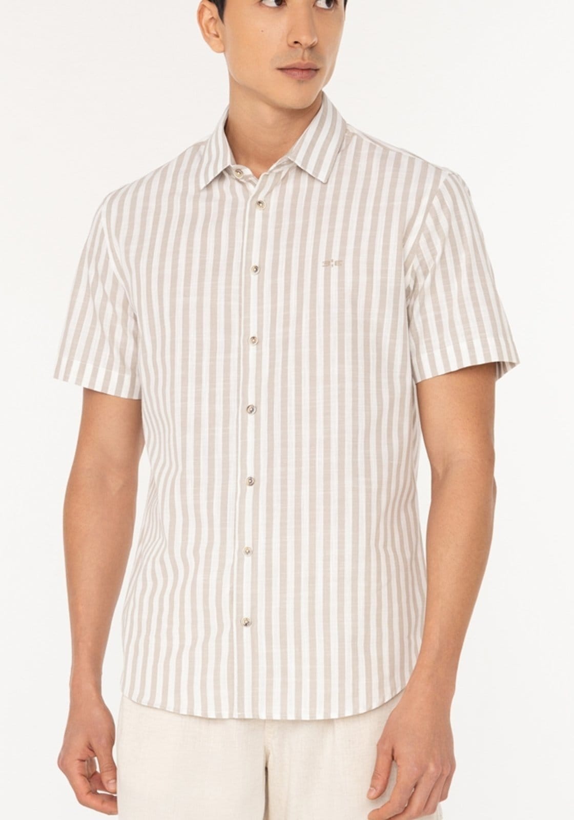 Camisa Listrada De Mangas Curtas Slim Fit Em Tecido Flamê