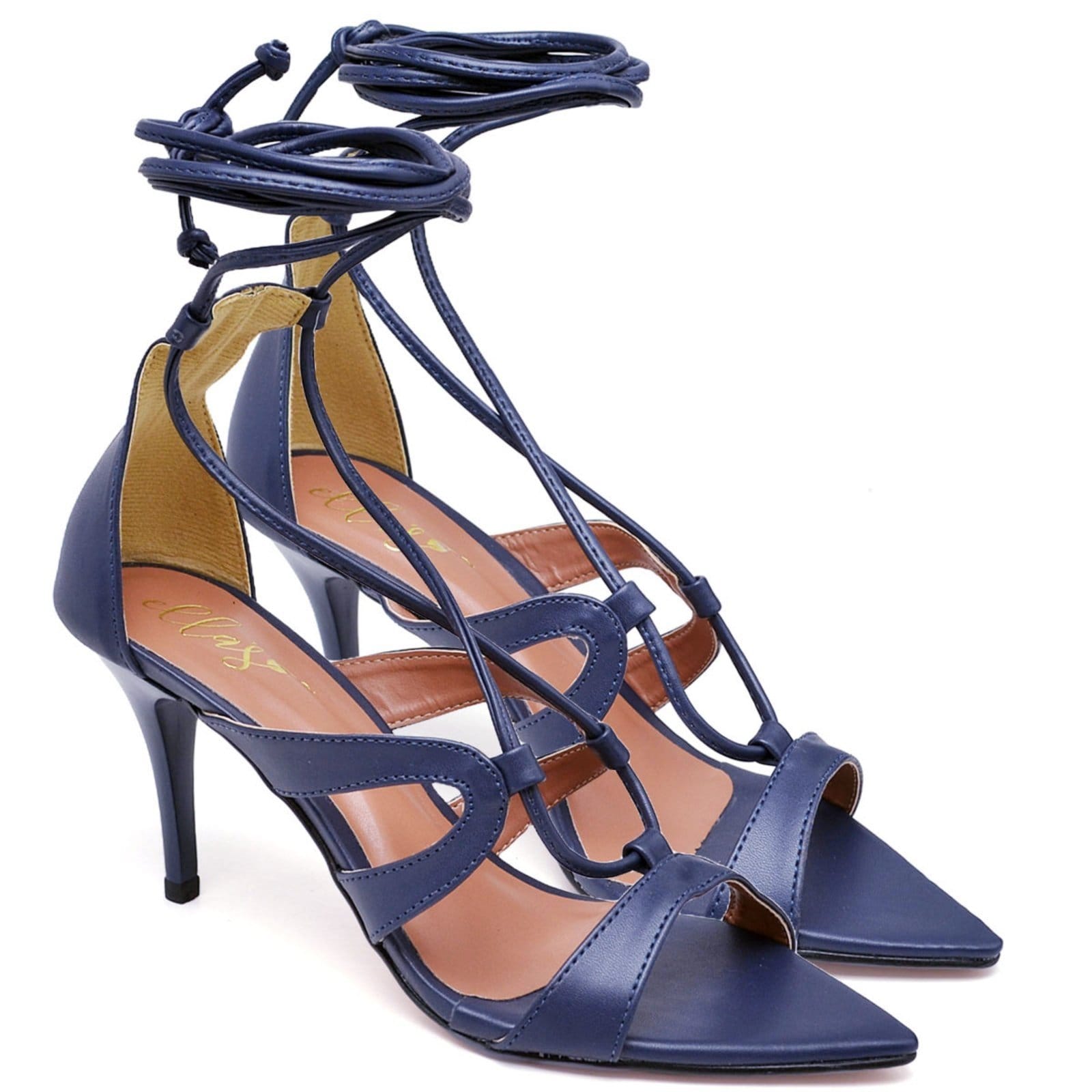 Sandália Bico Folha Salto Médio Napa Navy