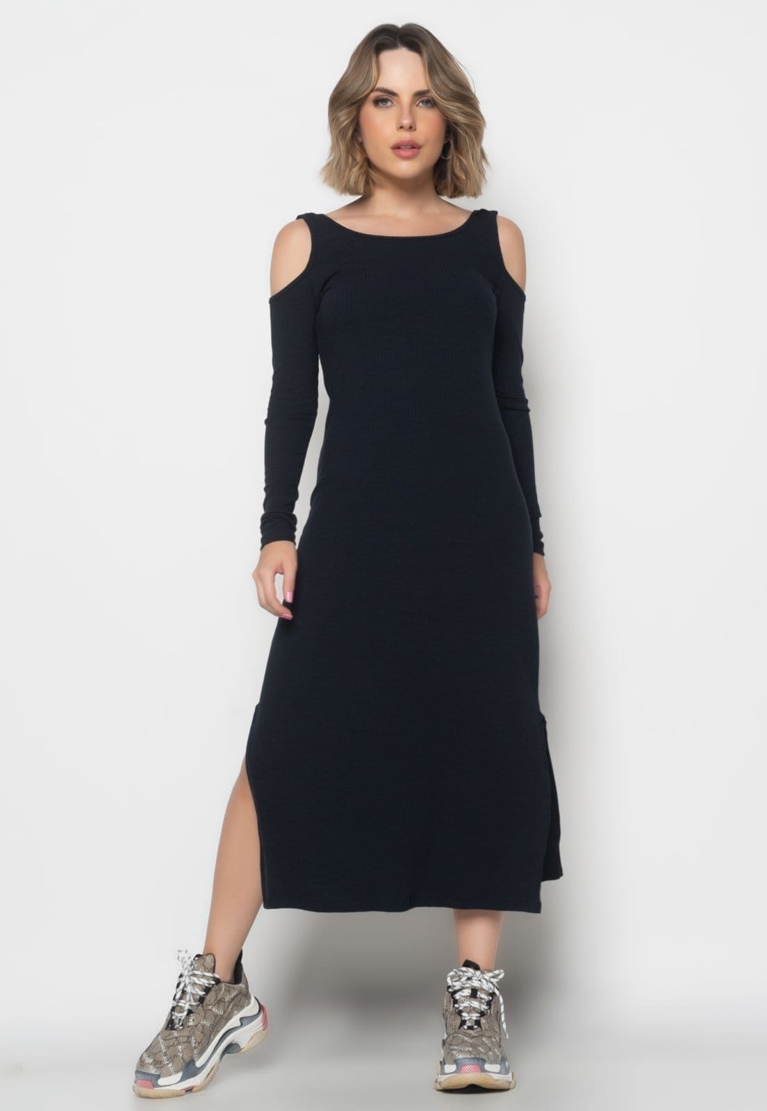 Vestido Midi Ombro Vazado Manga Longa Canelado Salvatore Fashion