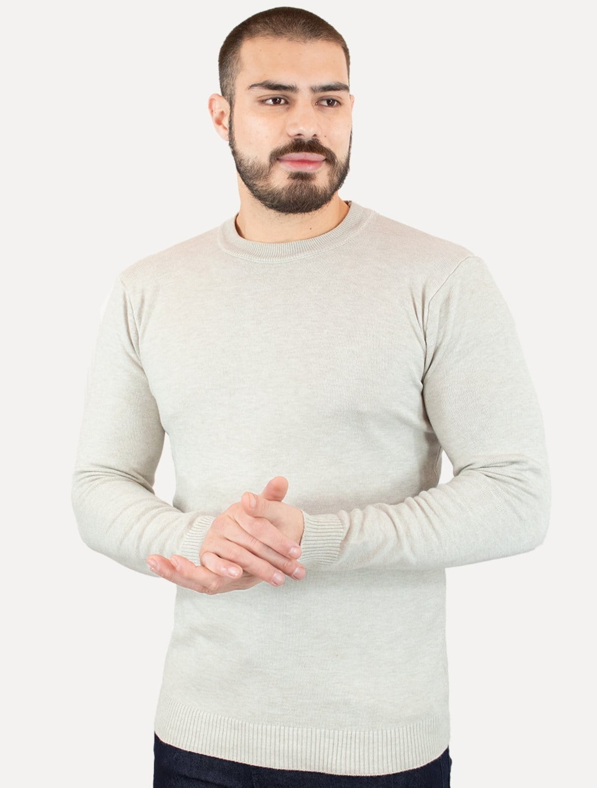 Suéter Dixen Masculino Crewneck Tricot Liso Areia Mescla