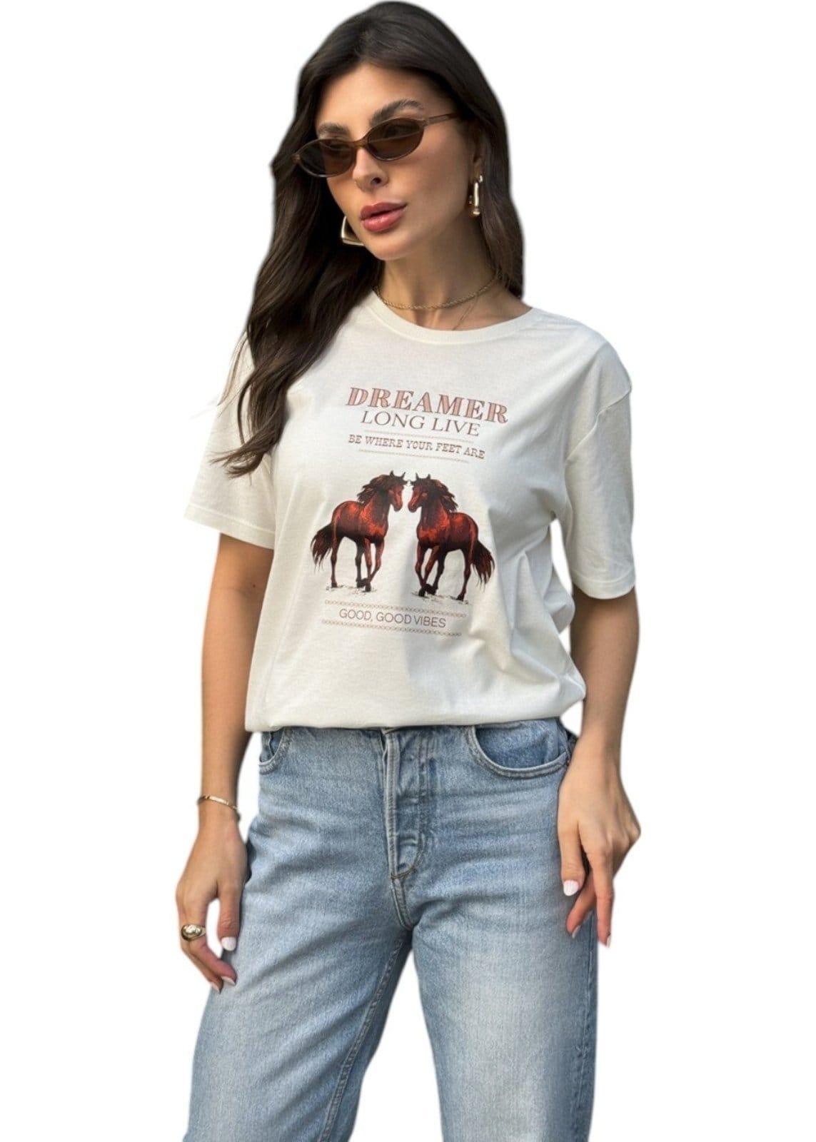 Camiseta Feminina Cianitas Off Estampa Cavalos Dreamer