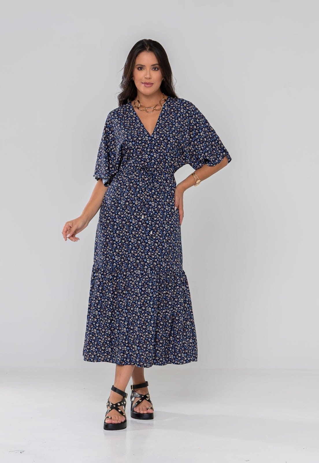 Vestido Aura Romana Floral Sintonia Marinho