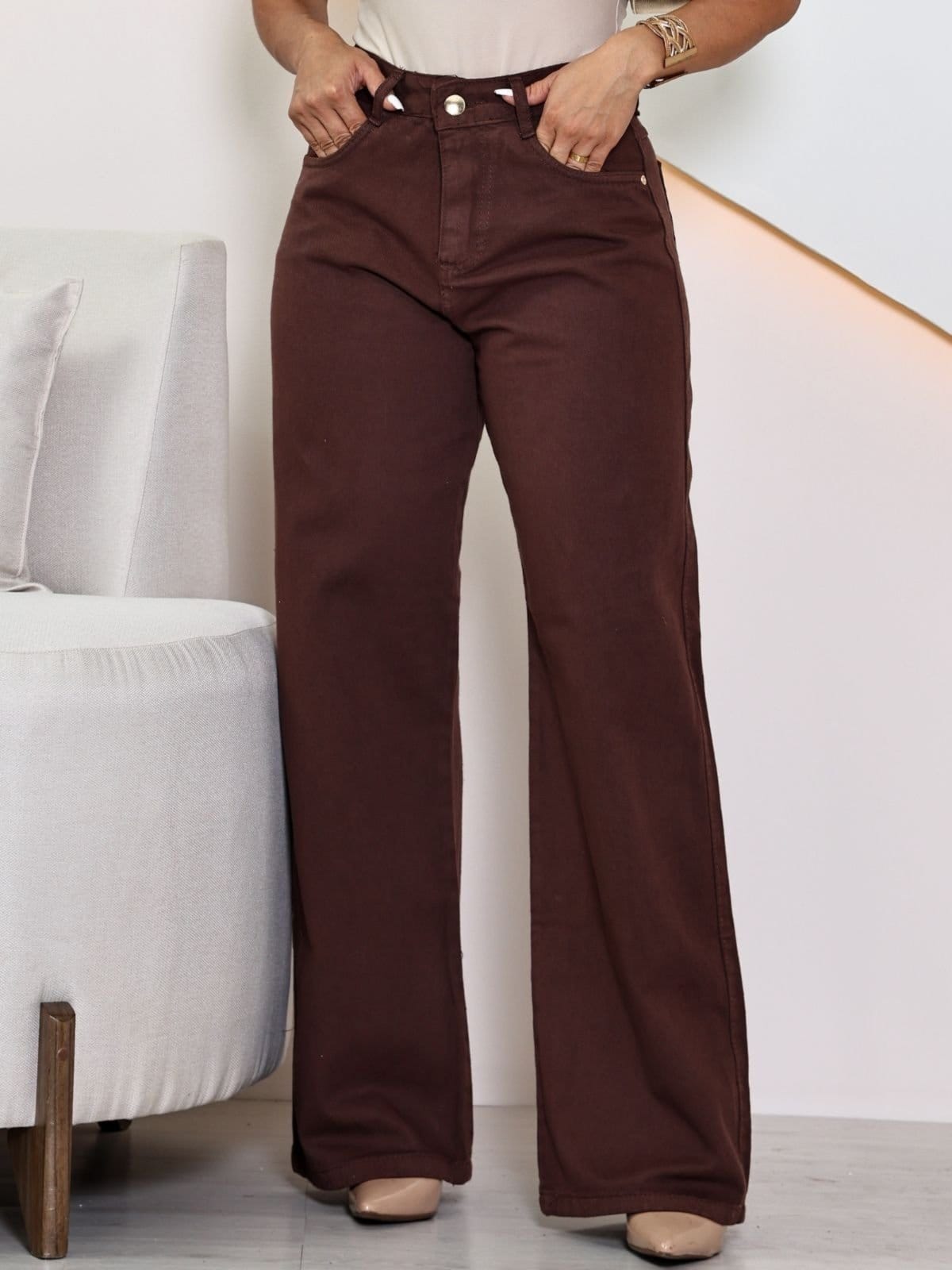 Calça Donna De Paula Wide Leg Cintura Alta Casual Feminina