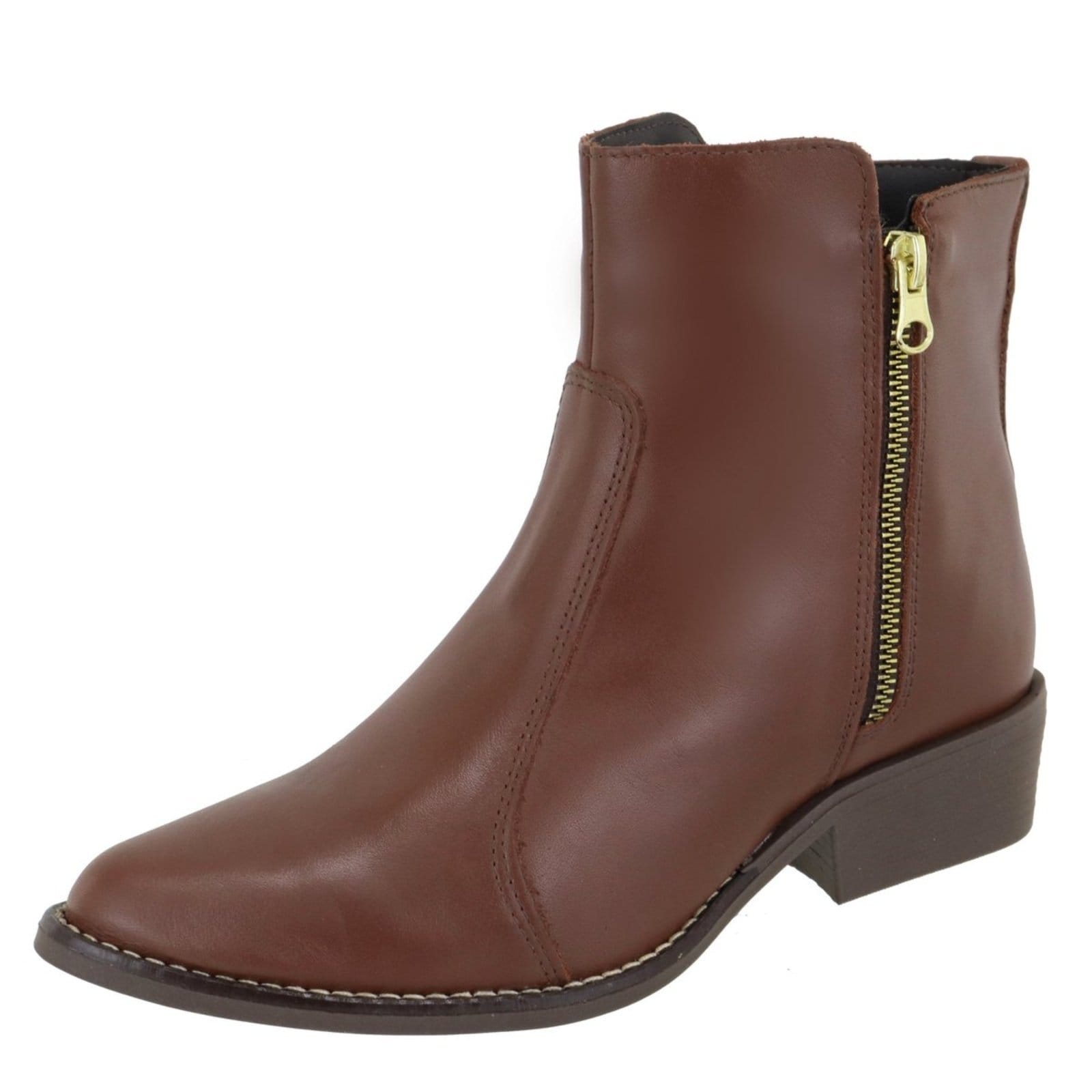 Bota em Couro Legitimo Feminina Cano Baixo Bico Fino Conhaque