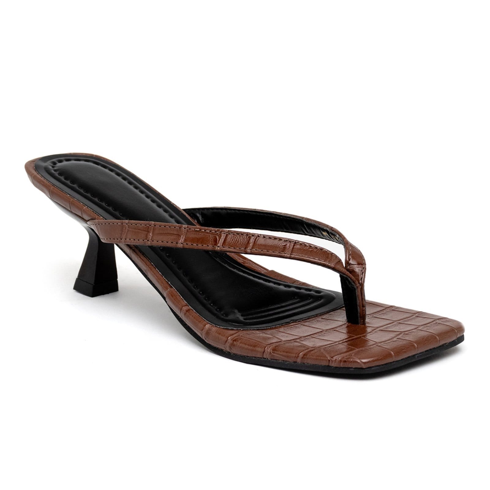 Vista 2 Tamanco Feminino Dedo Salto Kitten Heels 5410 Croco Cacau Flor da Pele caramelo