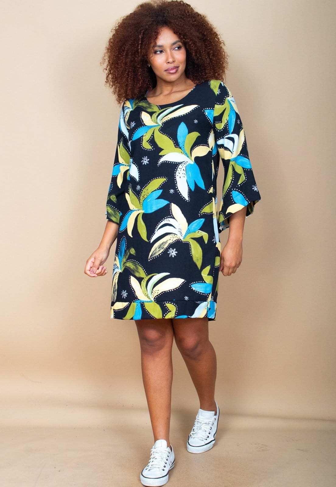 Vista 2 Vestido Curto Cabanafree Balli Manga Ampla Estampa Jardim Noturno Cabanafree azul/estampado/verde