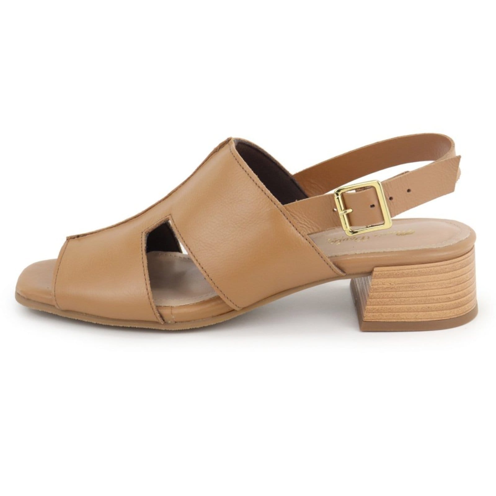 Sandália Feminina Salto Baixo Em Couro Confortável Maria Paula Camel