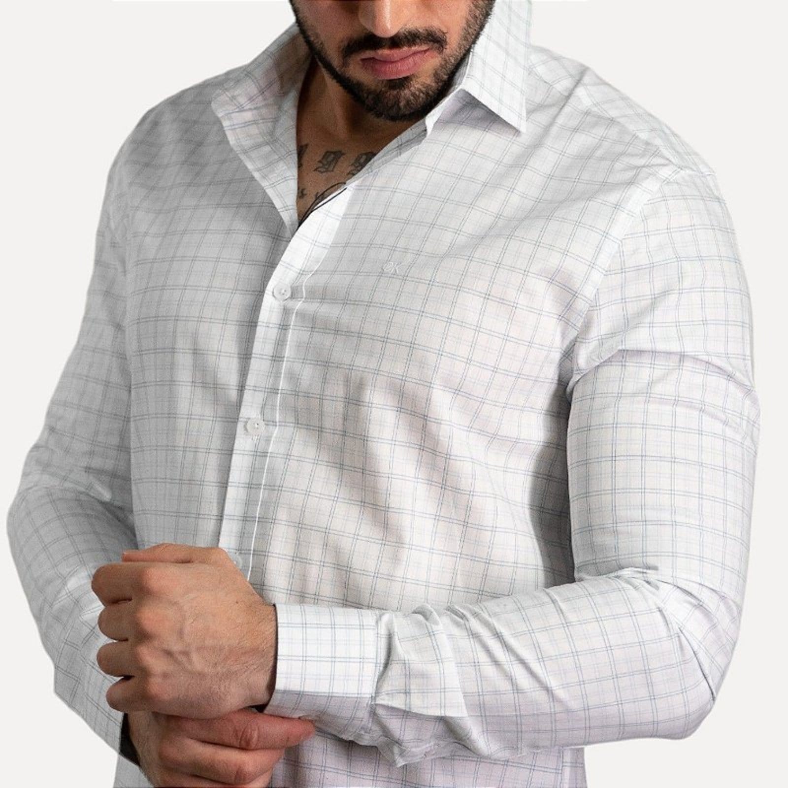 Vista 2 Camisa Calvin Klein Algodão Xadrez Branca Calvin Klein branco