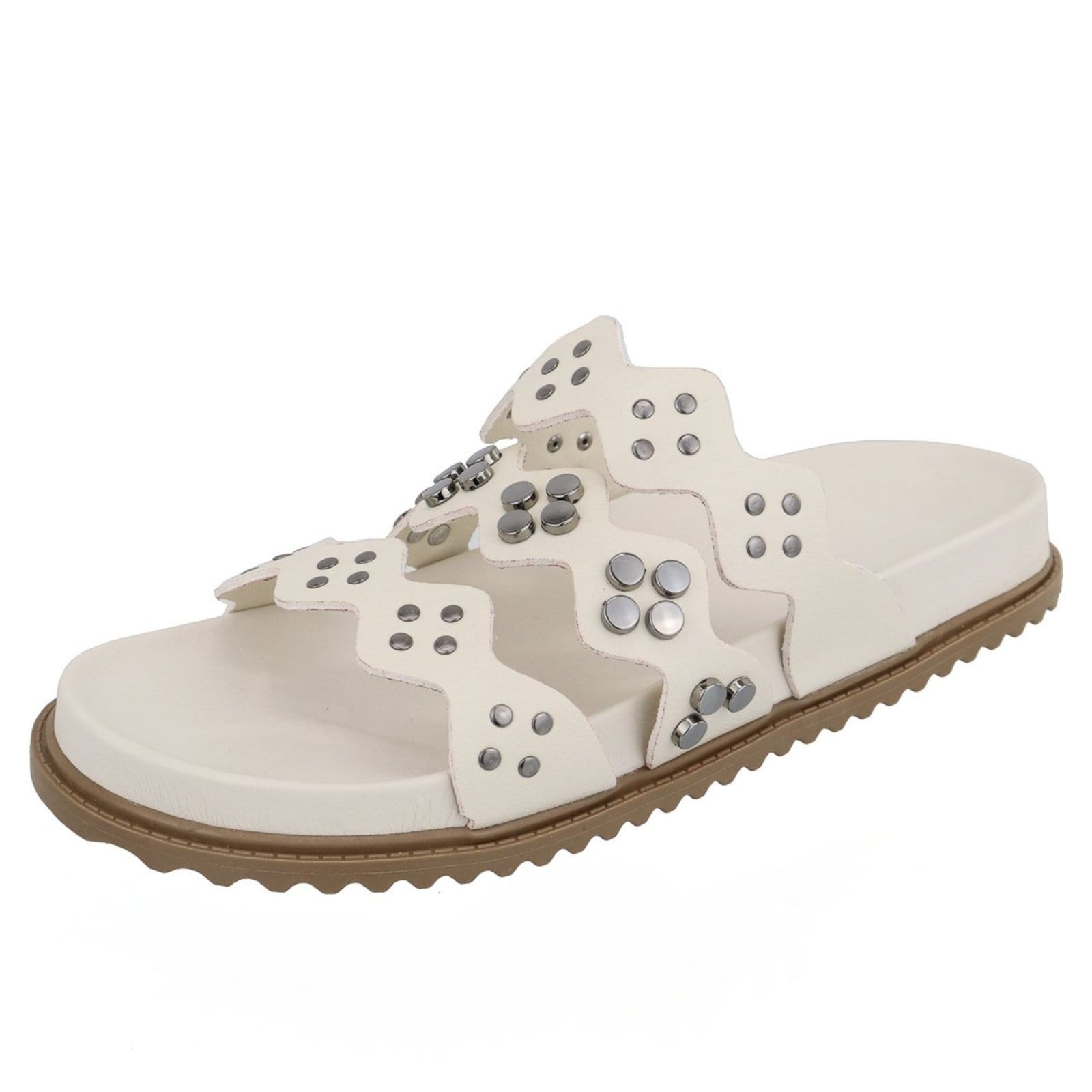 Papete Rasteira Feminina Paula B Com Aplicações de Metais Em Tiras Onduladas Palmilha Confort Off White