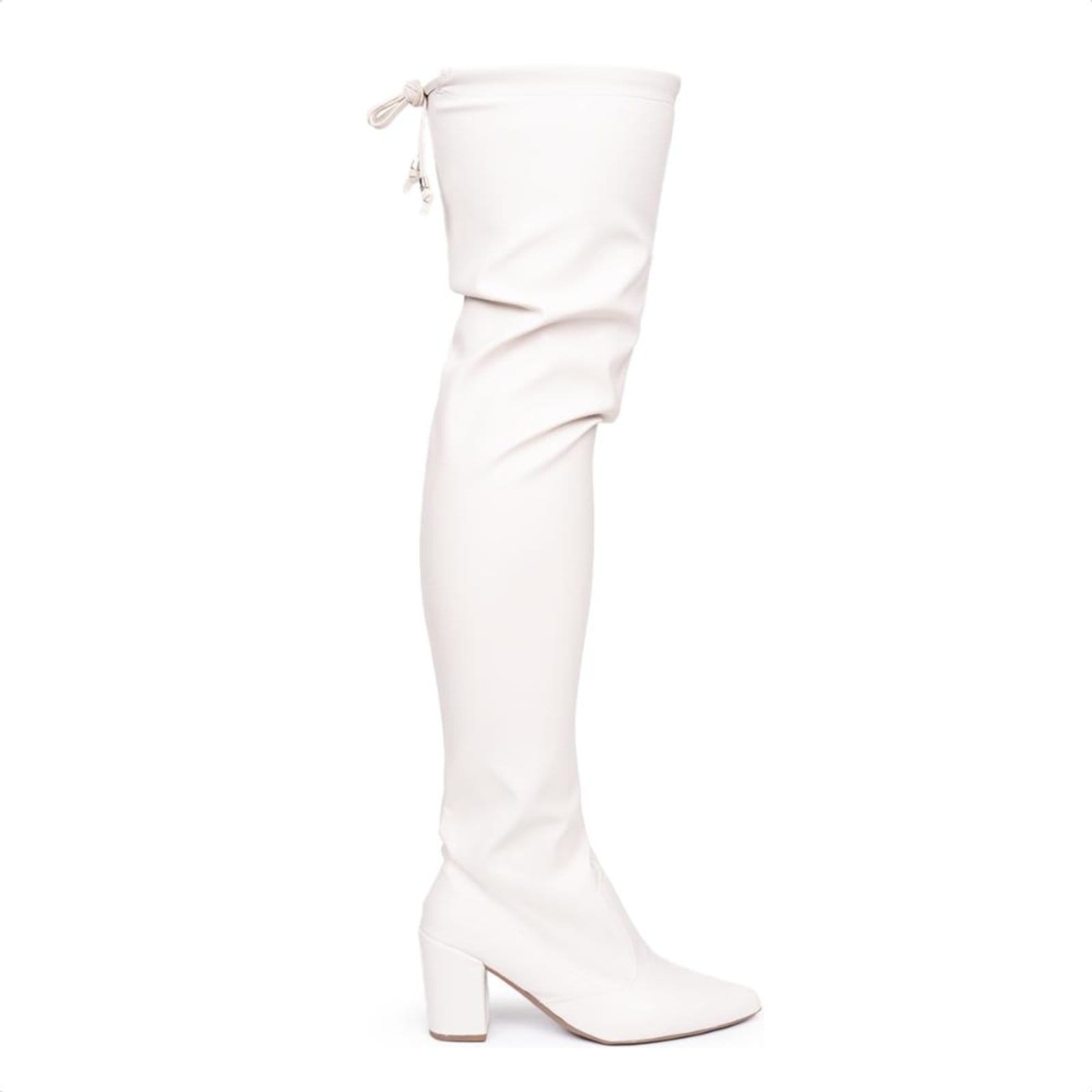 Vista 2 Bota Domidona Over The Knee Stretch Bico Fino Salto Grosso Alto Off White Domidona off-white white