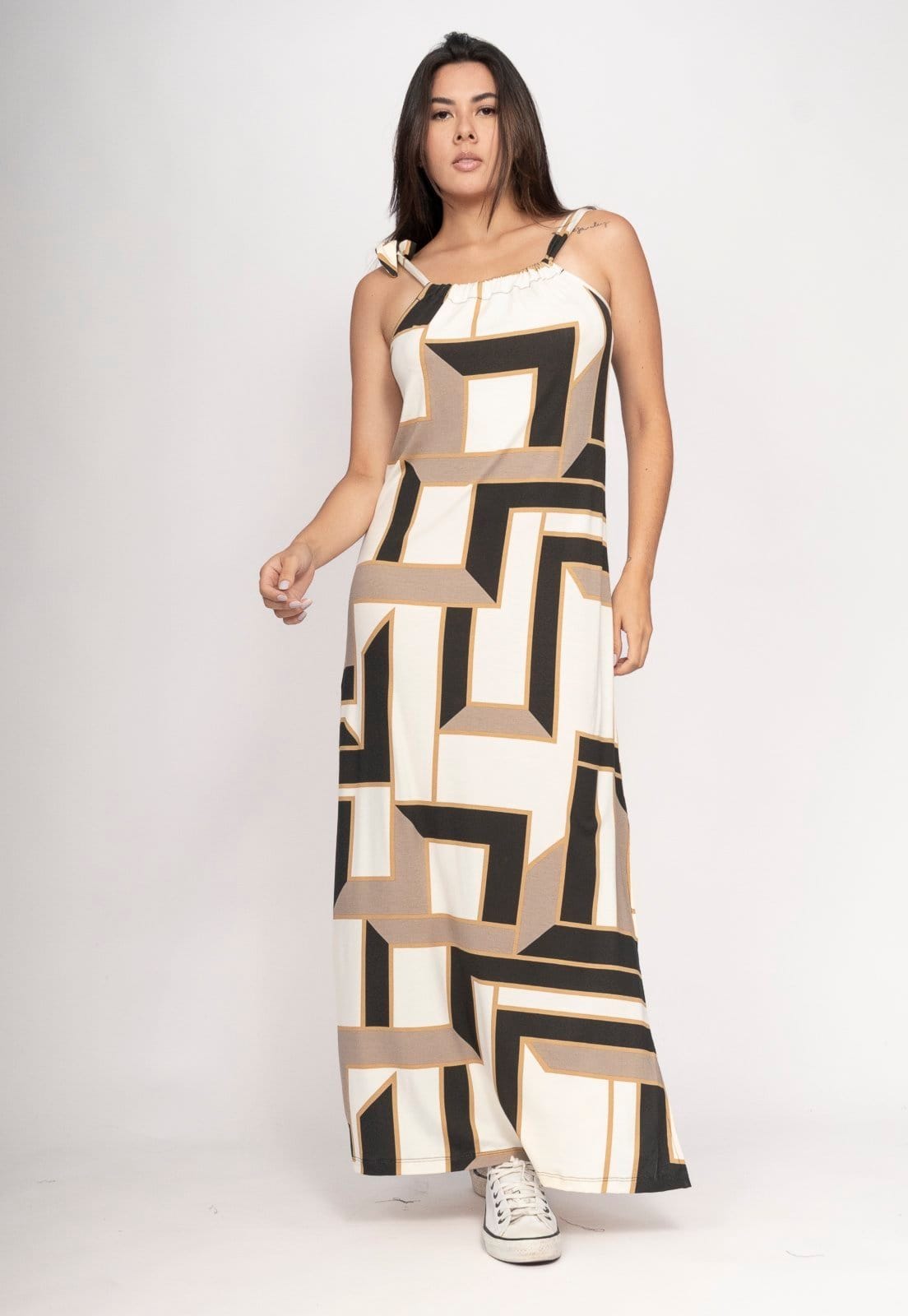 Vista 2 Vestido CabanaFree Capotira Longo Malha Alça Ajustável Estampa Igaci Cabanafree estampado