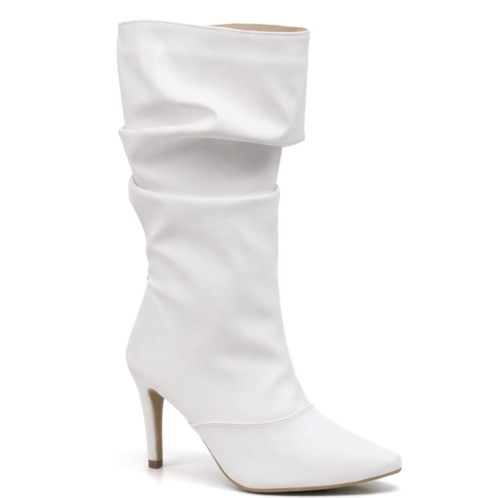 Bota Feminina de Cano Alto Enrugada Salto Fino Clássica 1714 Branca