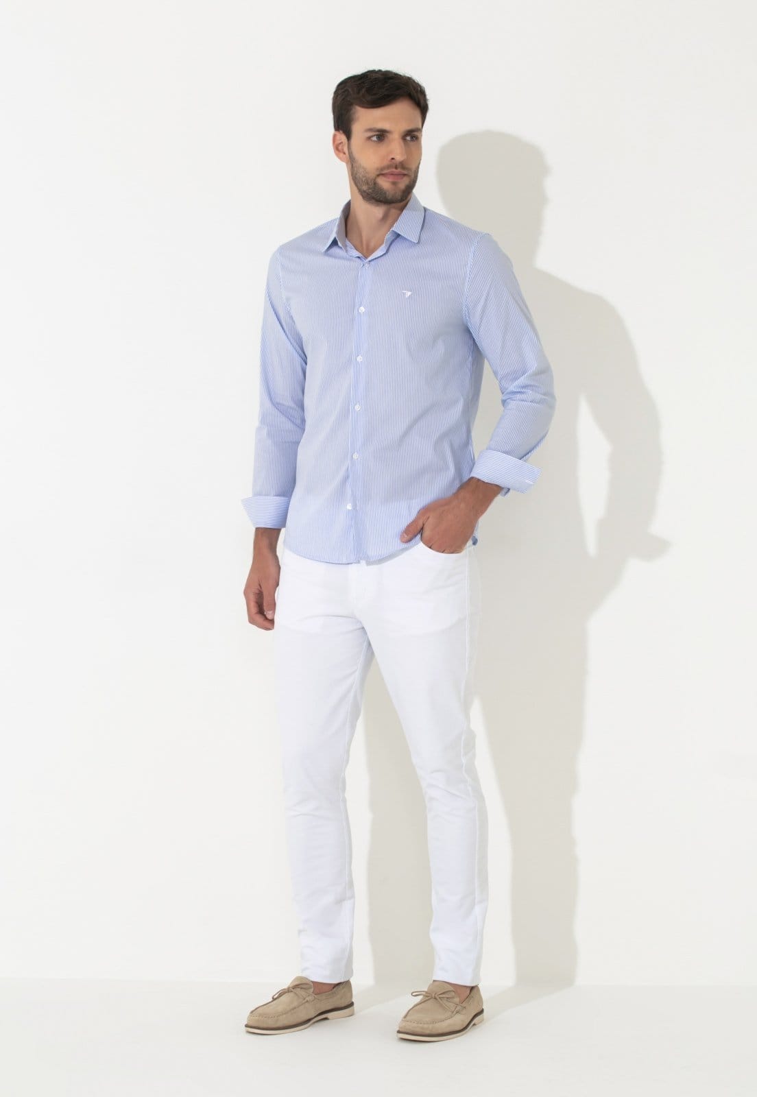 Vista 2 Camisa Traymon Listrada Slim Manga Longa Traymon listrado azul