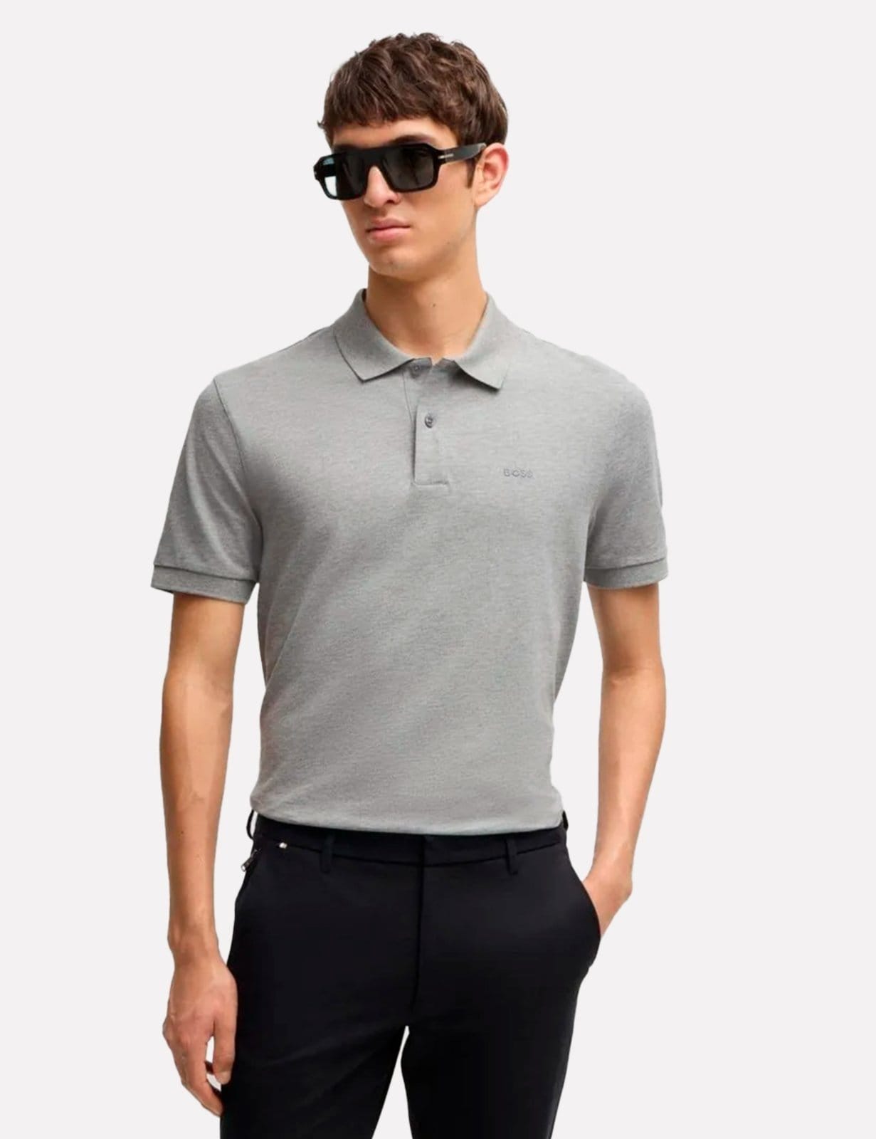 Vista principal Polo Hugo Boss Masculina Regular Pallas Mescla Hugo Boss cinza