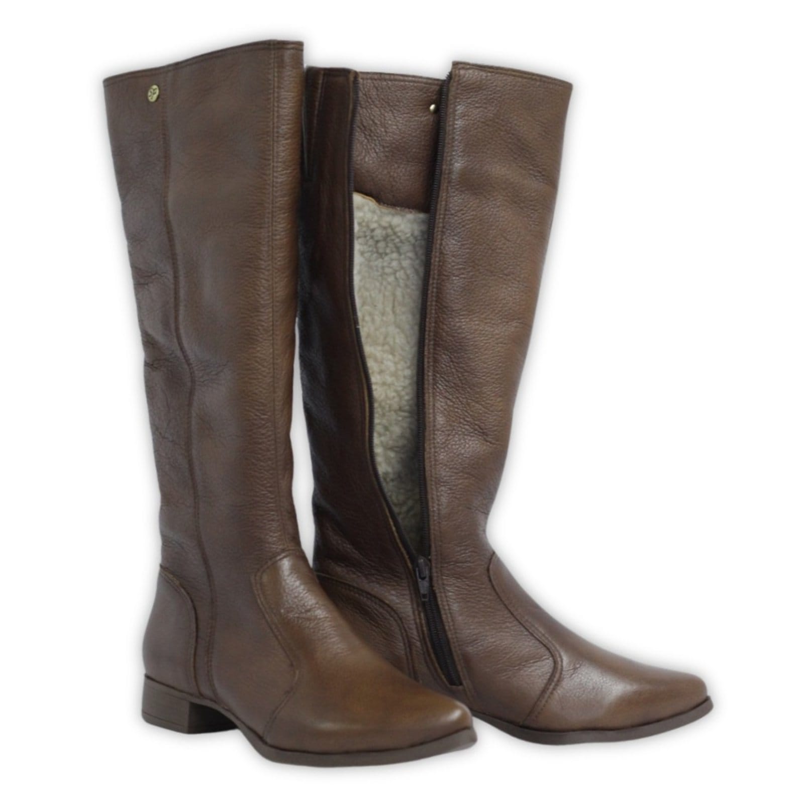 Vista 2 Bota Feminina Lã Sintética Bico Fino Cano Longo Couro Salto 2,5 Cm Camel Spinelli caramelo