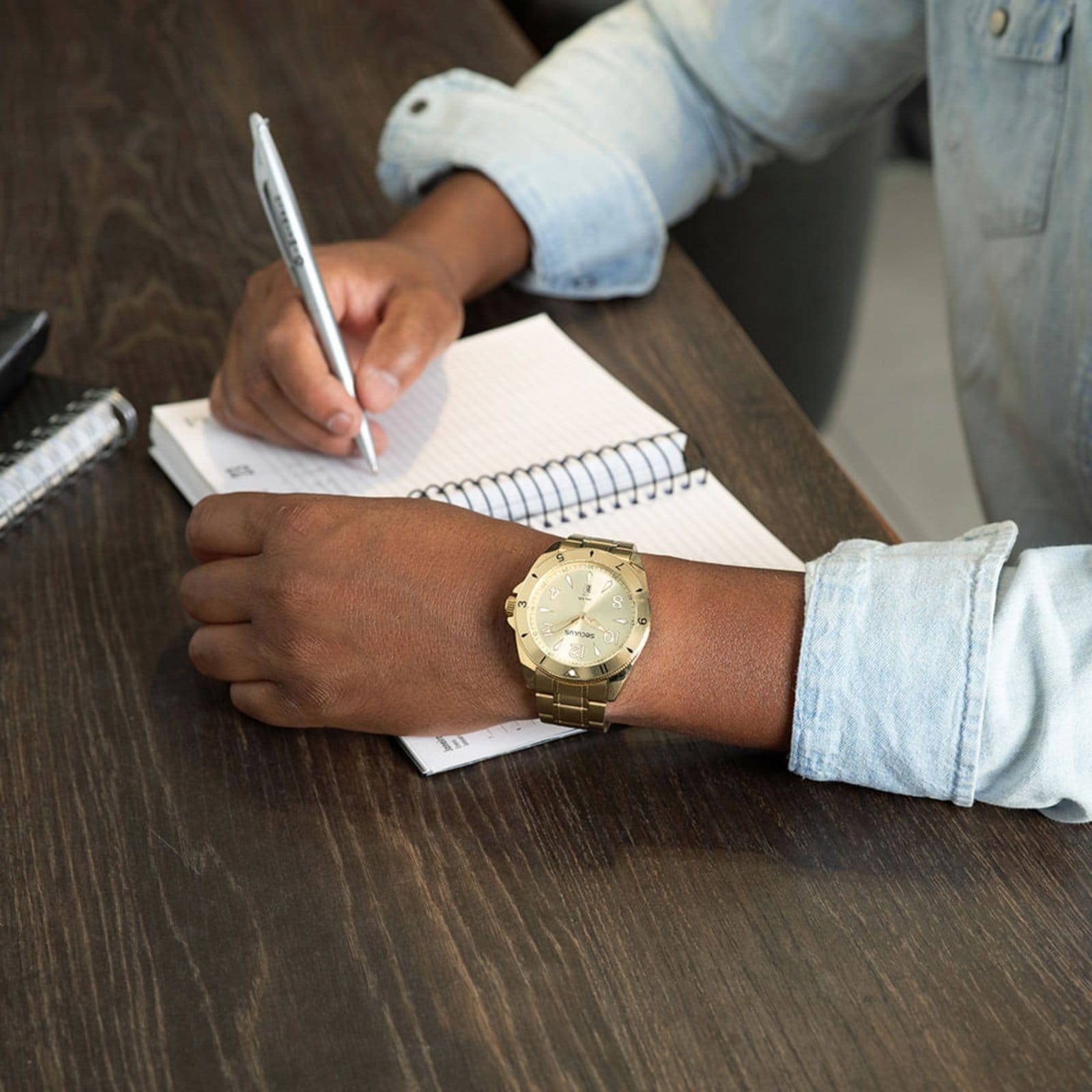 Vista 2 Relógio Masculino Aço Calendário Seculus dourado