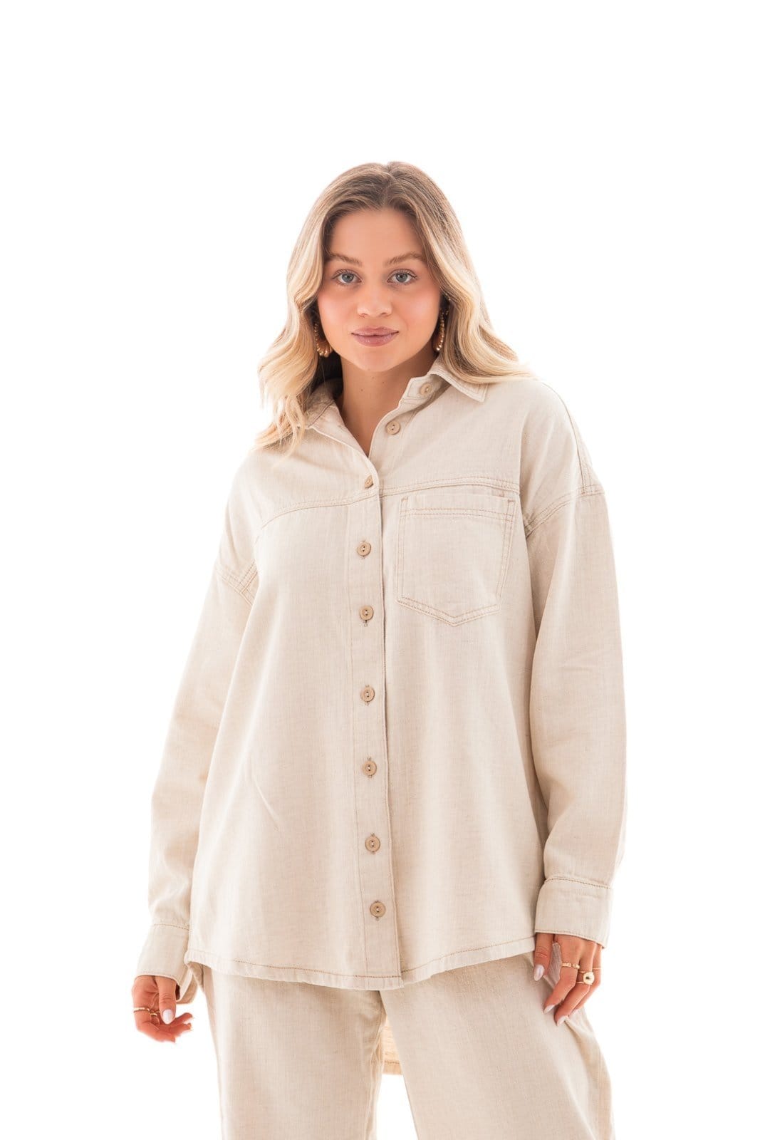 Vista principal Camisa Linho Feminina Arauto Oversized Eco Fibers ARAUTO JEANS bege