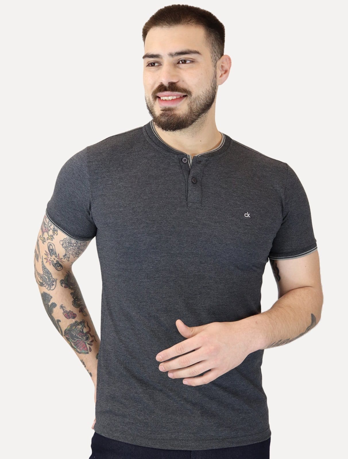 Polo Calvin Klein Slim Fit Gola Portuguesa Friso Chumbo