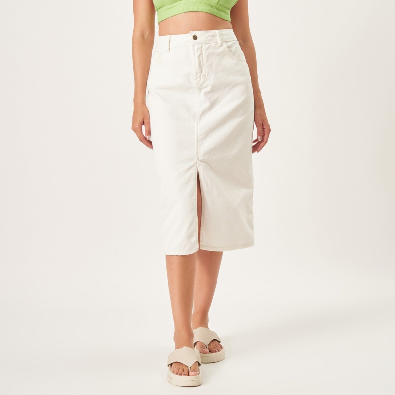 Saia Midi Jeans Color Reta Fenda Frontal Cru