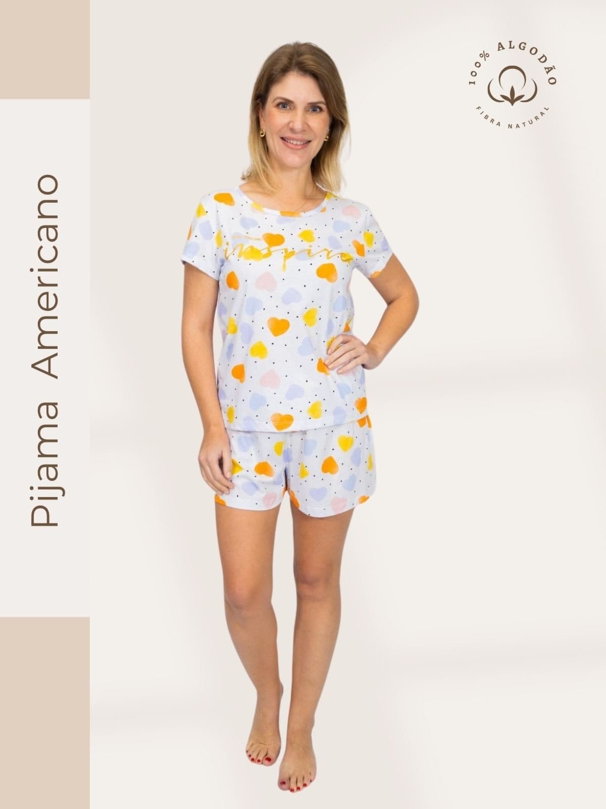 Pijama Algodão Piante Short Doll Inspire Manga Curta Corações Coloridos